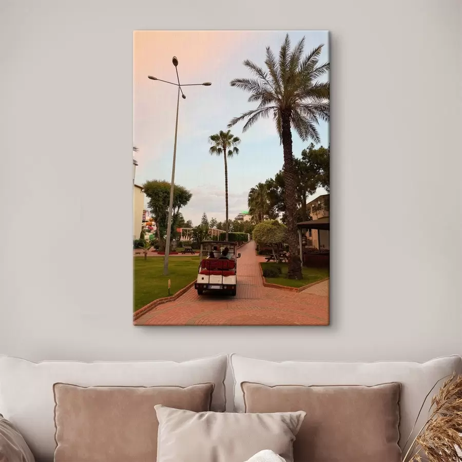 Wandbilder Promenade im Resort mit Palmen und einem Elektroauto s49695