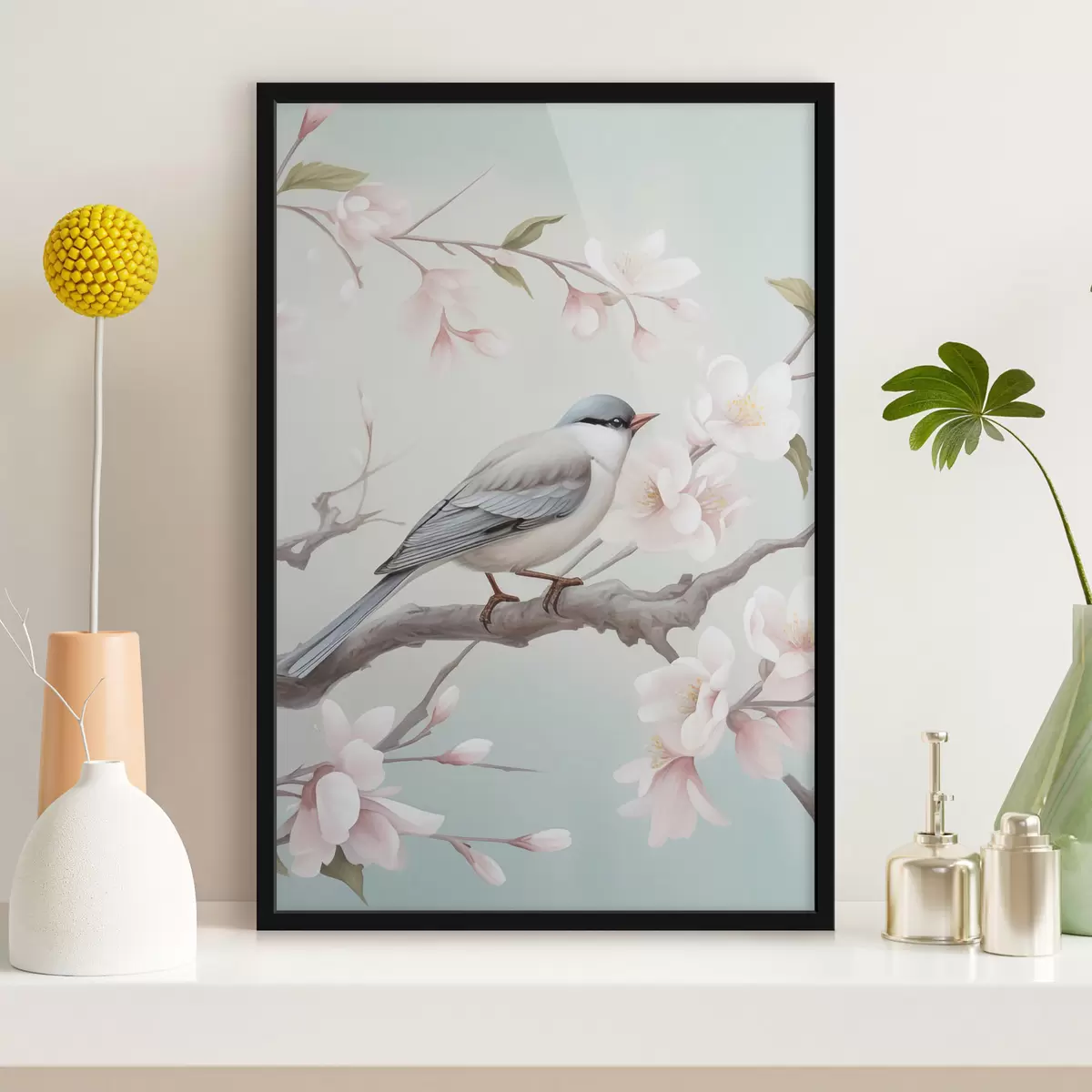 Poster Ein Vogel auf einem blühenden Ast f49550