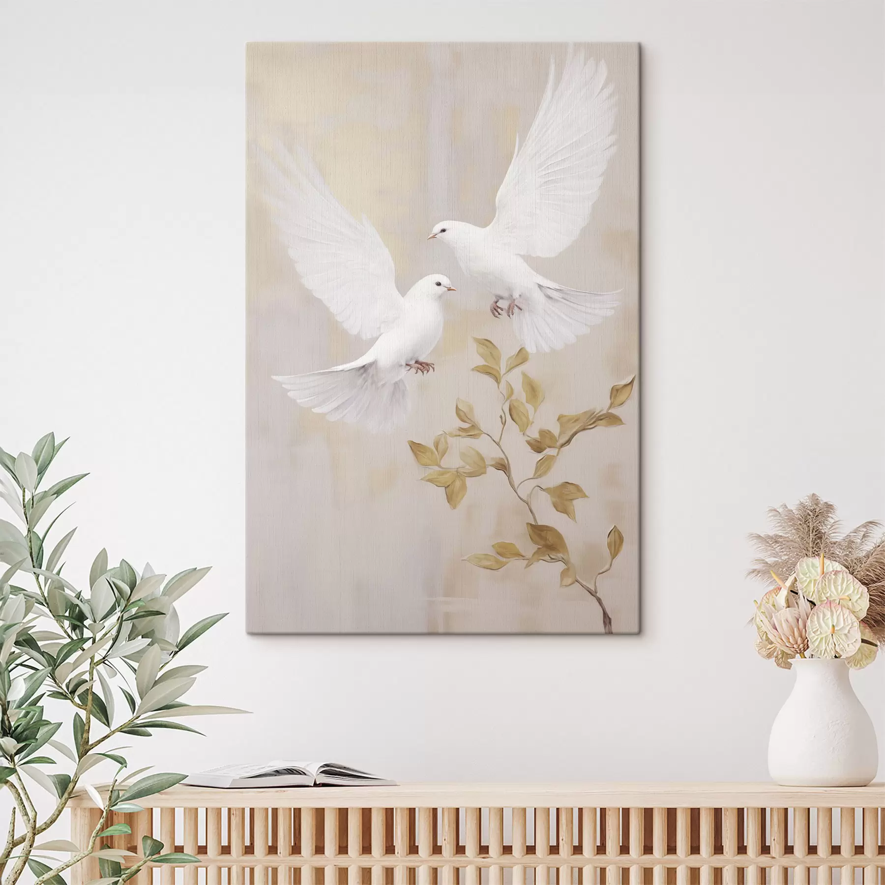 Wandbilder Ein weißer Vogel in der Nähe eines Astes mit hellbraunen Blättern, dezenter Hintergrund s49764