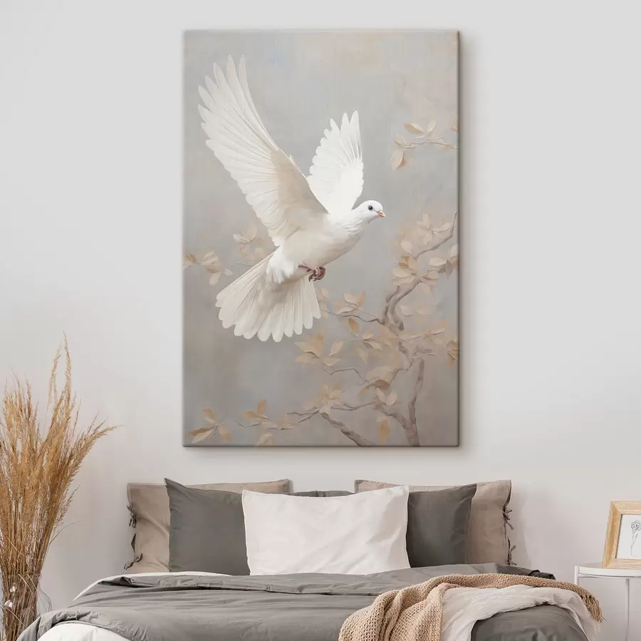 Wandbilder Ein weißer Vogel in der Nähe eines Astes mit hellbraunen Blättern, dezenter Hintergrund s49763