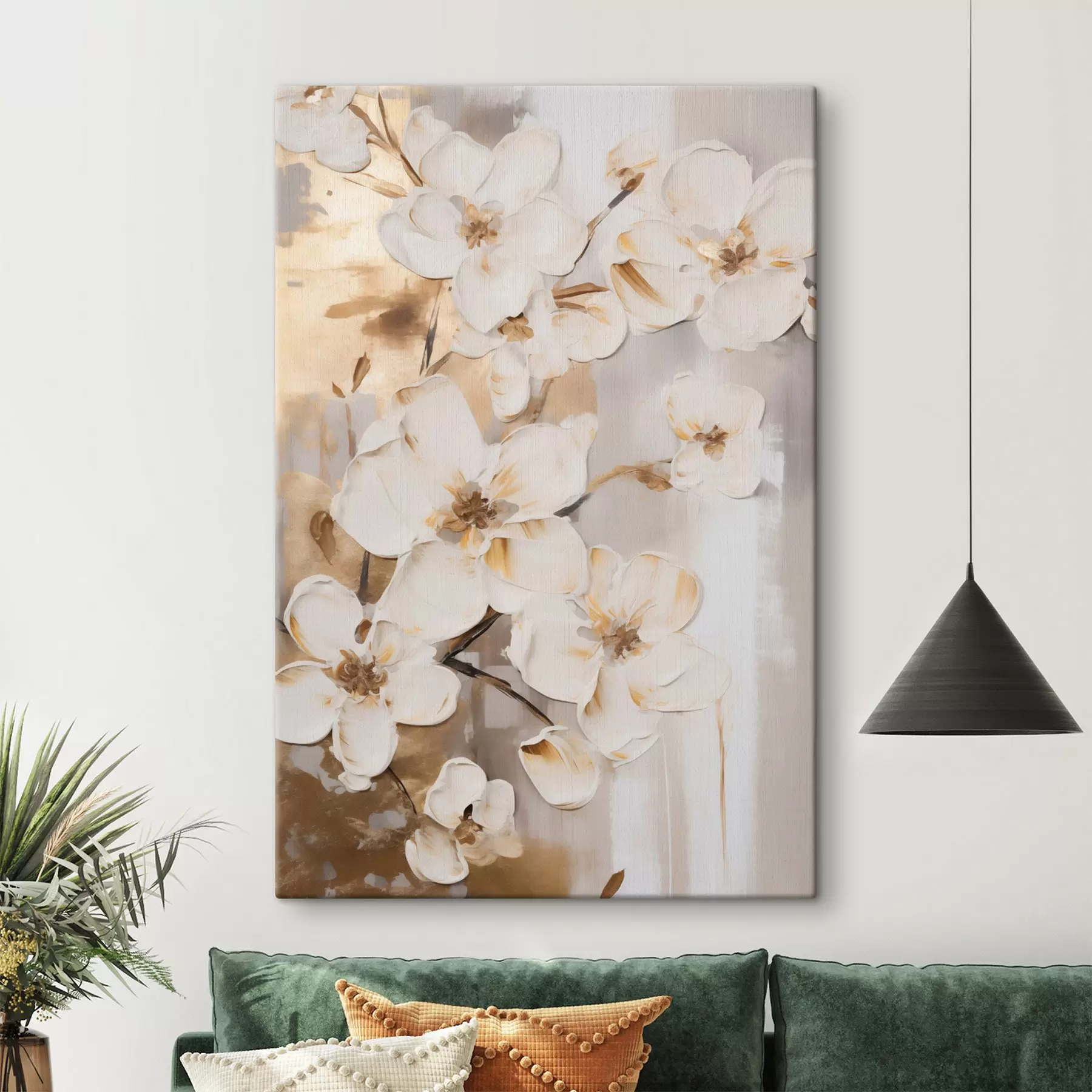 Wandbilder Weiße Blumen vor einem strukturierten Hintergrund, im Malstil s49768