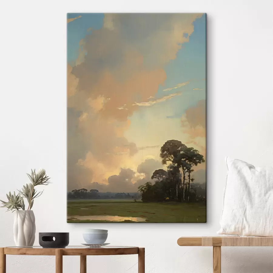 Wandbilder Eine Landschaft mit einer Wiese und Bäumen in der Ferne, bewölkter Himmel s49774
