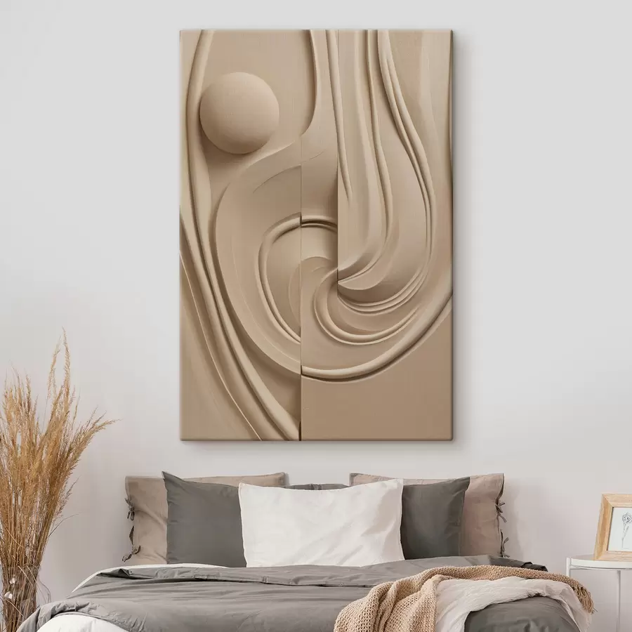 Wandbilder Ein abstraktes, strukturiertes Kunstwerk in Beige mit fließenden Linien und einer Kugel s49775