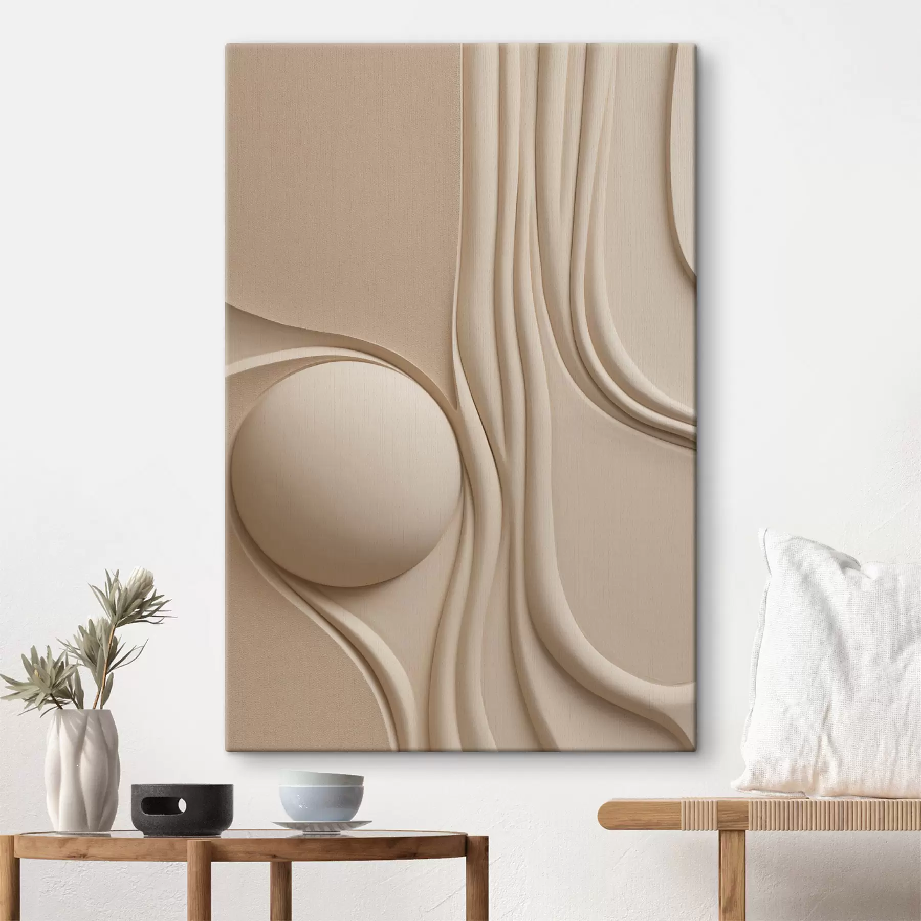 Wandbilder Ein abstraktes, strukturiertes Kunstwerk in Beige mit fließenden Linien und einer Kugel s49776
