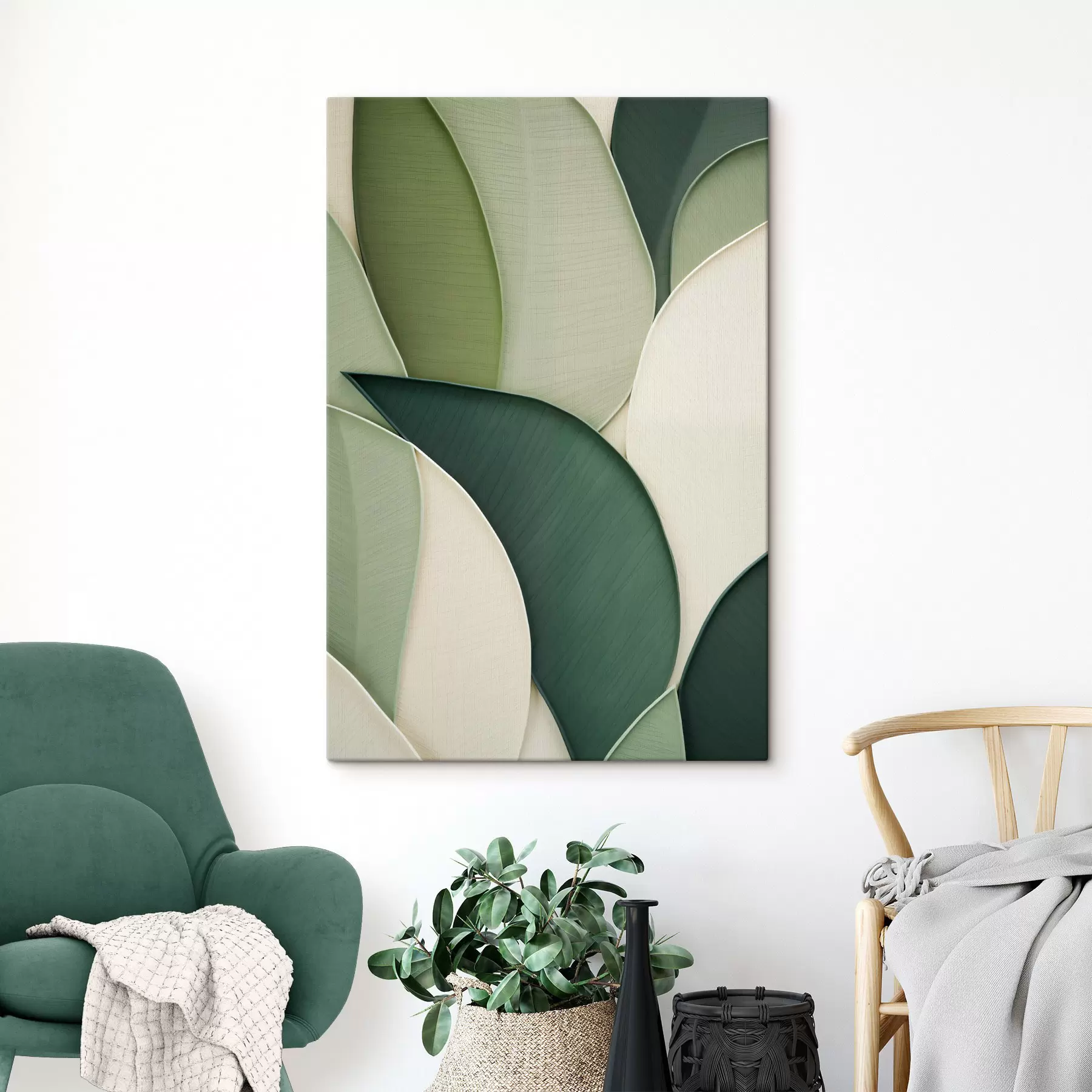 Wandbilder Abstrakte Kunst mit sich überlappenden organischen Formen in Grün und Cremefarben s49777