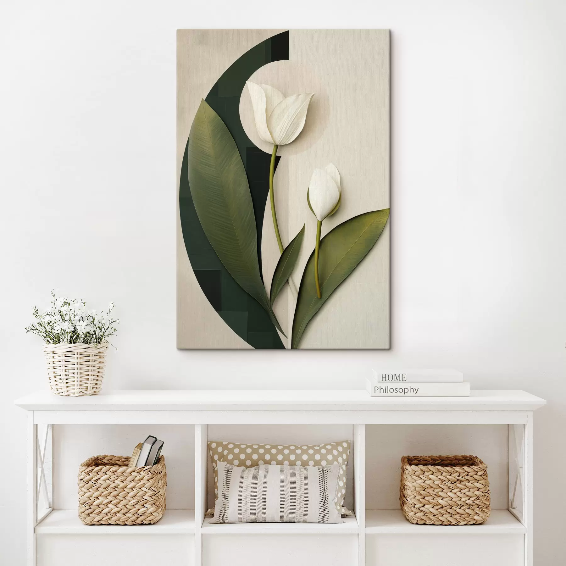 Wandbilder Weiße Tulpen mit grünen Blättern und Stielen, abstrakte Kunst s49779