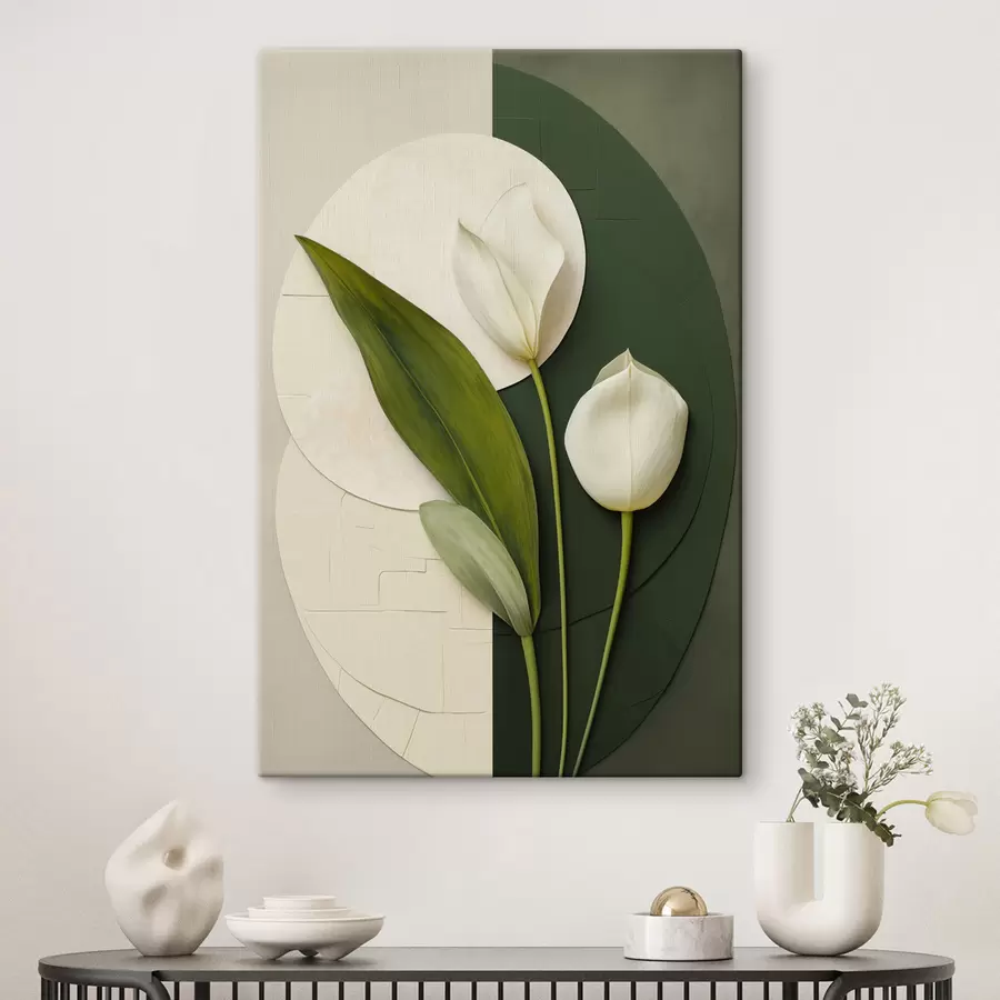 Wandbilder Weiße Tulpen mit grünen Blättern und Stielen, abstrakte Kunst s49780