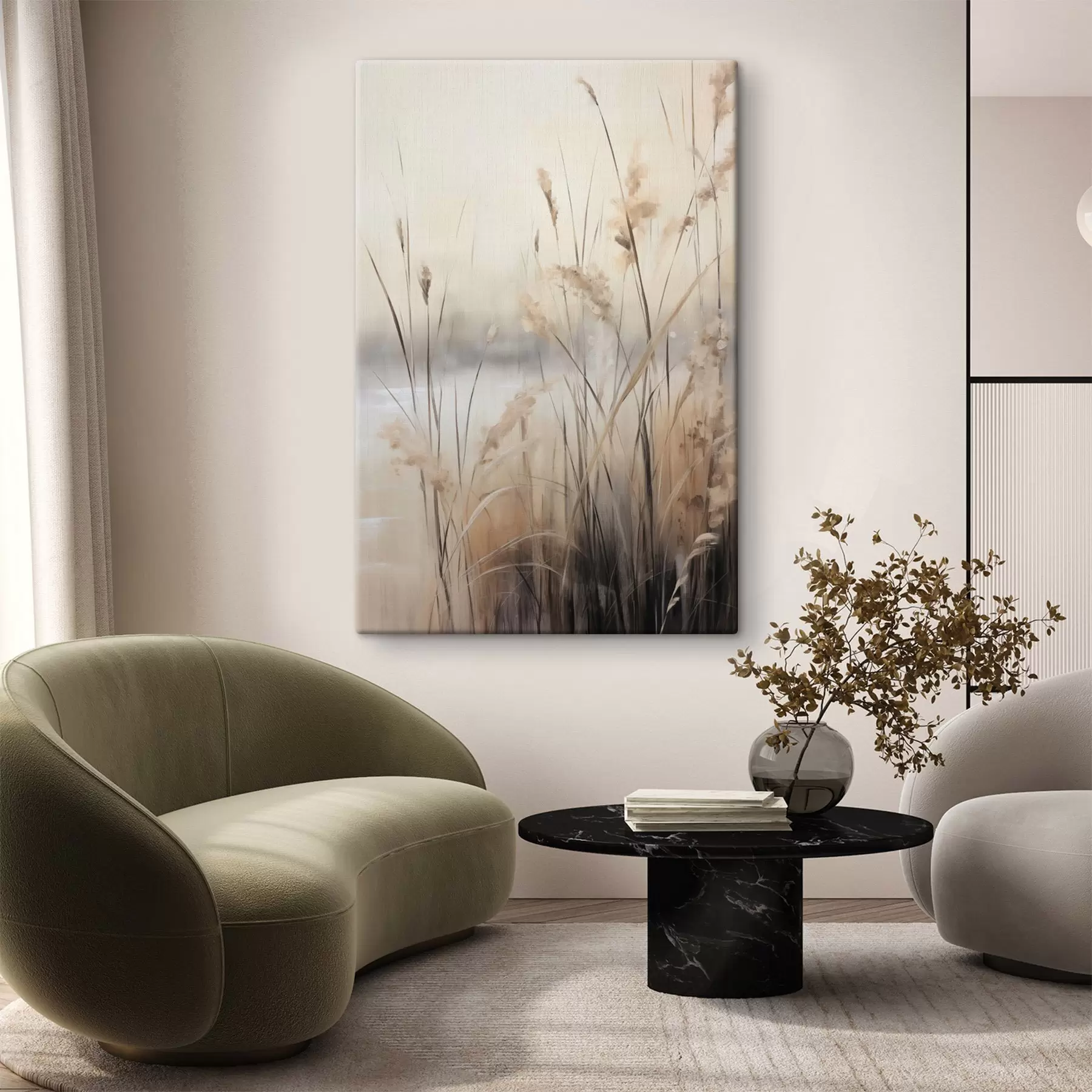 Wandbilder Hohe, trockene Schilfhalme und Gräser in gedeckten Beige- und Brauntönen s49795