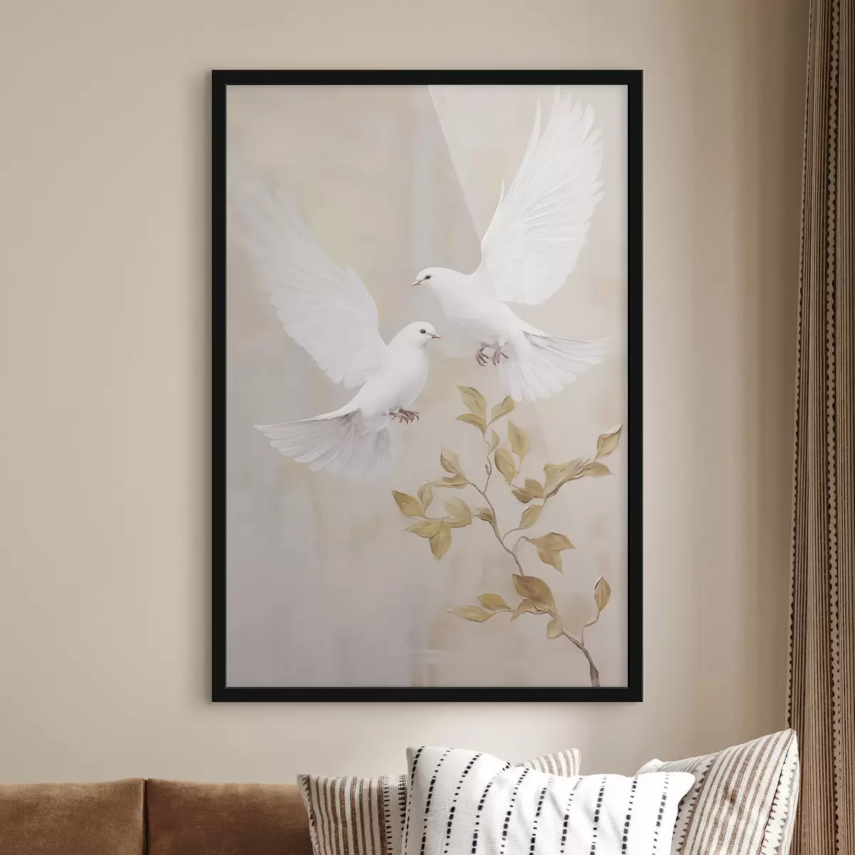 Poster Ein weißer Vogel in der Nähe eines Astes mit hellbraunen Blättern, dezenter Hintergrund f49764