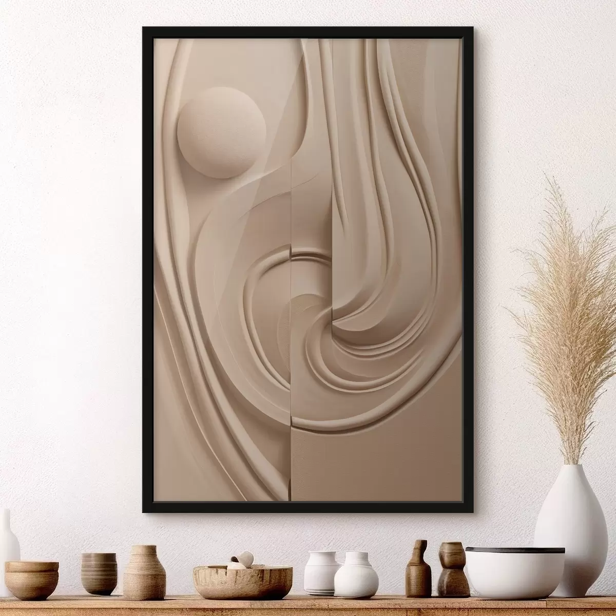 Poster Ein abstraktes, strukturiertes Kunstwerk in Beige mit fließenden Linien und einer Kugel f49775