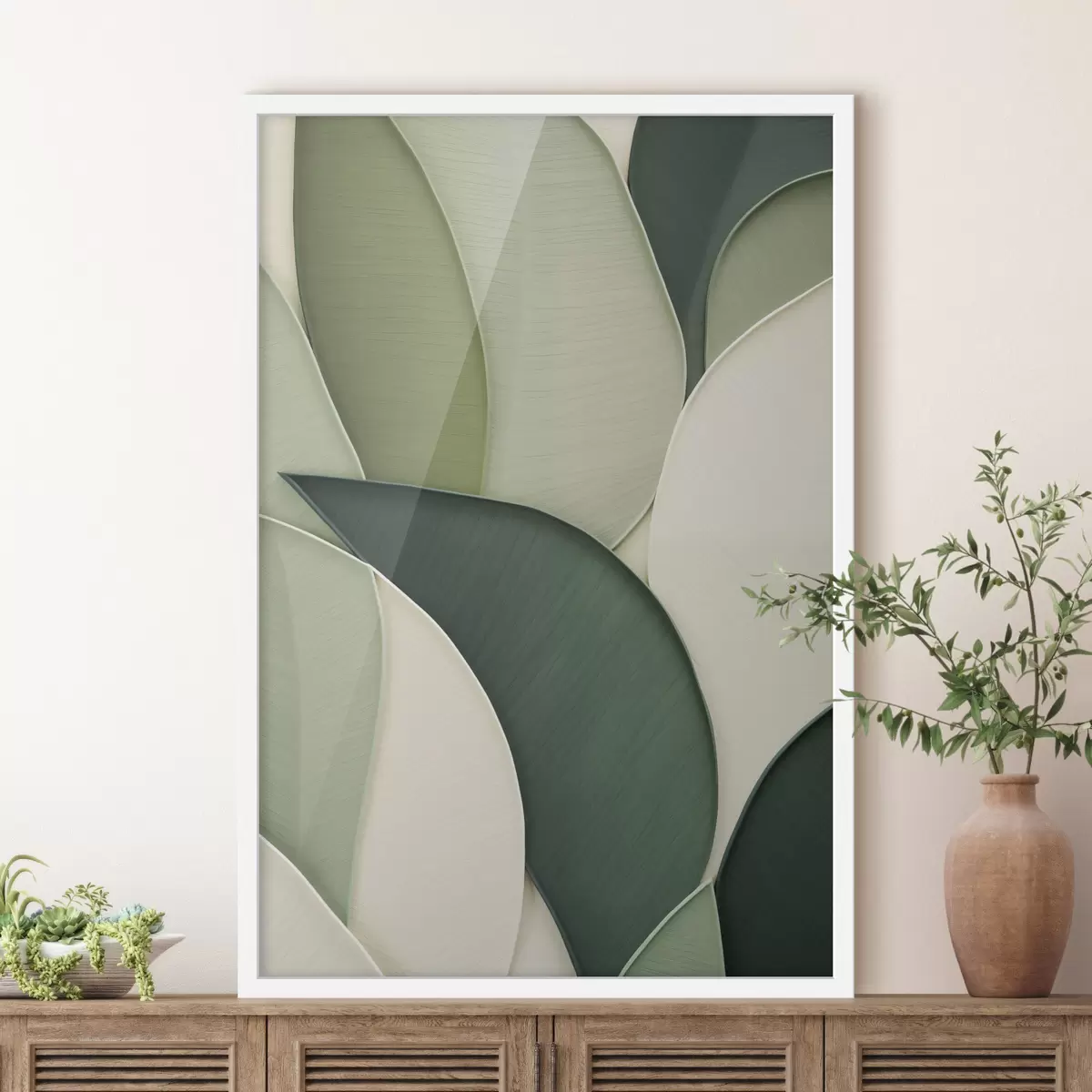 Poster Abstrakte Kunst mit sich überlappenden organischen Formen in Grün und Cremefarben f49777