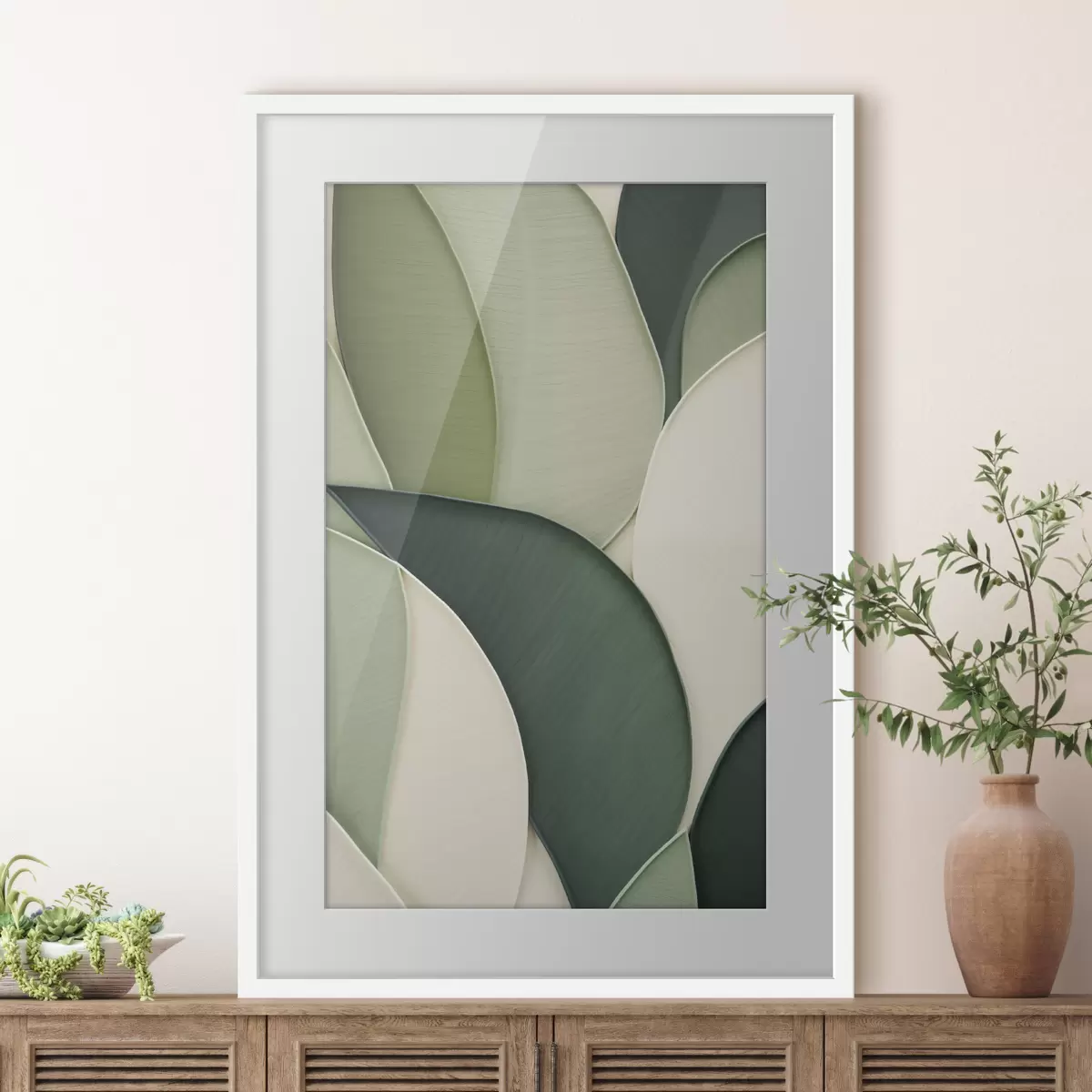 Poster Abstrakte Kunst mit sich überlappenden organischen Formen in Grün und Cremefarben f49777