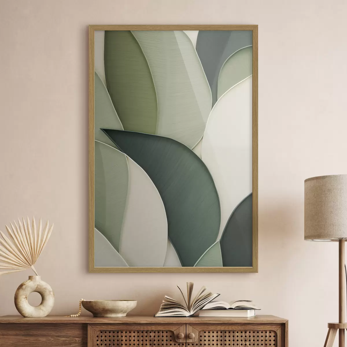 Poster Abstrakte Kunst mit sich überlappenden organischen Formen in Grün und Cremefarben f49777