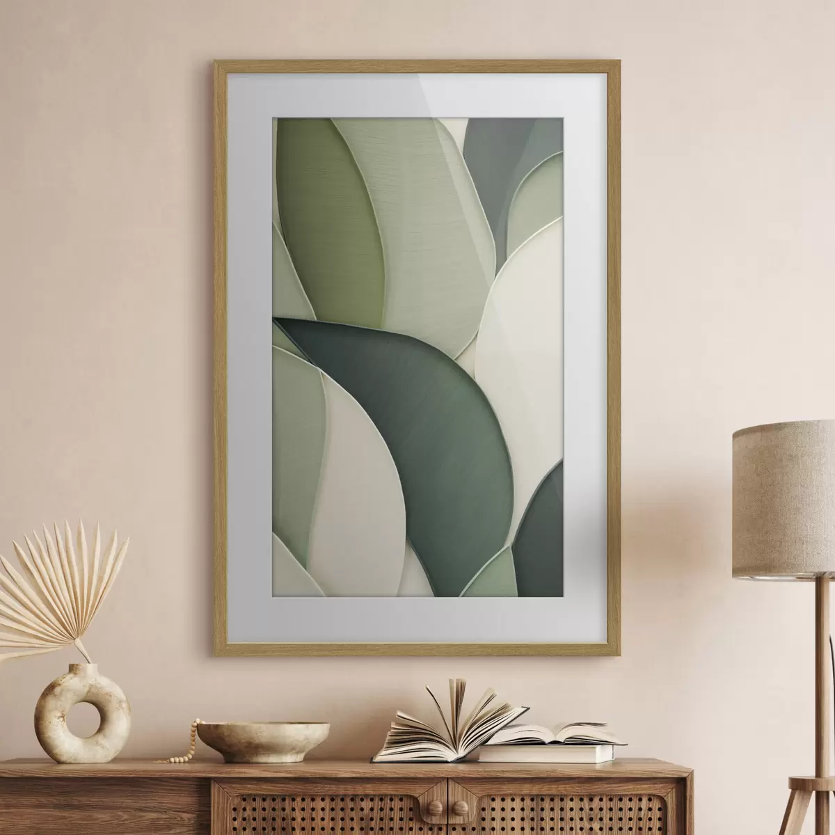Poster Abstrakte Kunst mit sich überlappenden organischen Formen in Grün und Cremefarben f49777