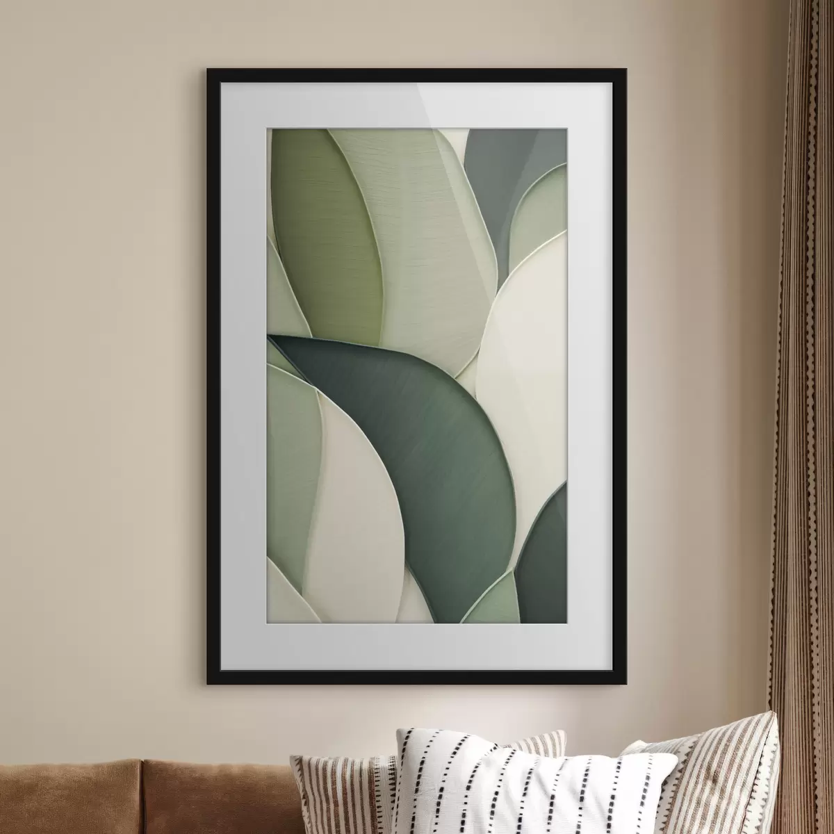 Poster Abstrakte Kunst mit sich überlappenden organischen Formen in Grün und Cremefarben f49777