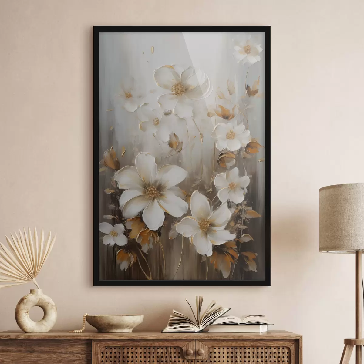 Poster Weiße Blüten mit strukturierten Blütenblättern und gelben Akzenten, abstrakter Hintergrund f49781