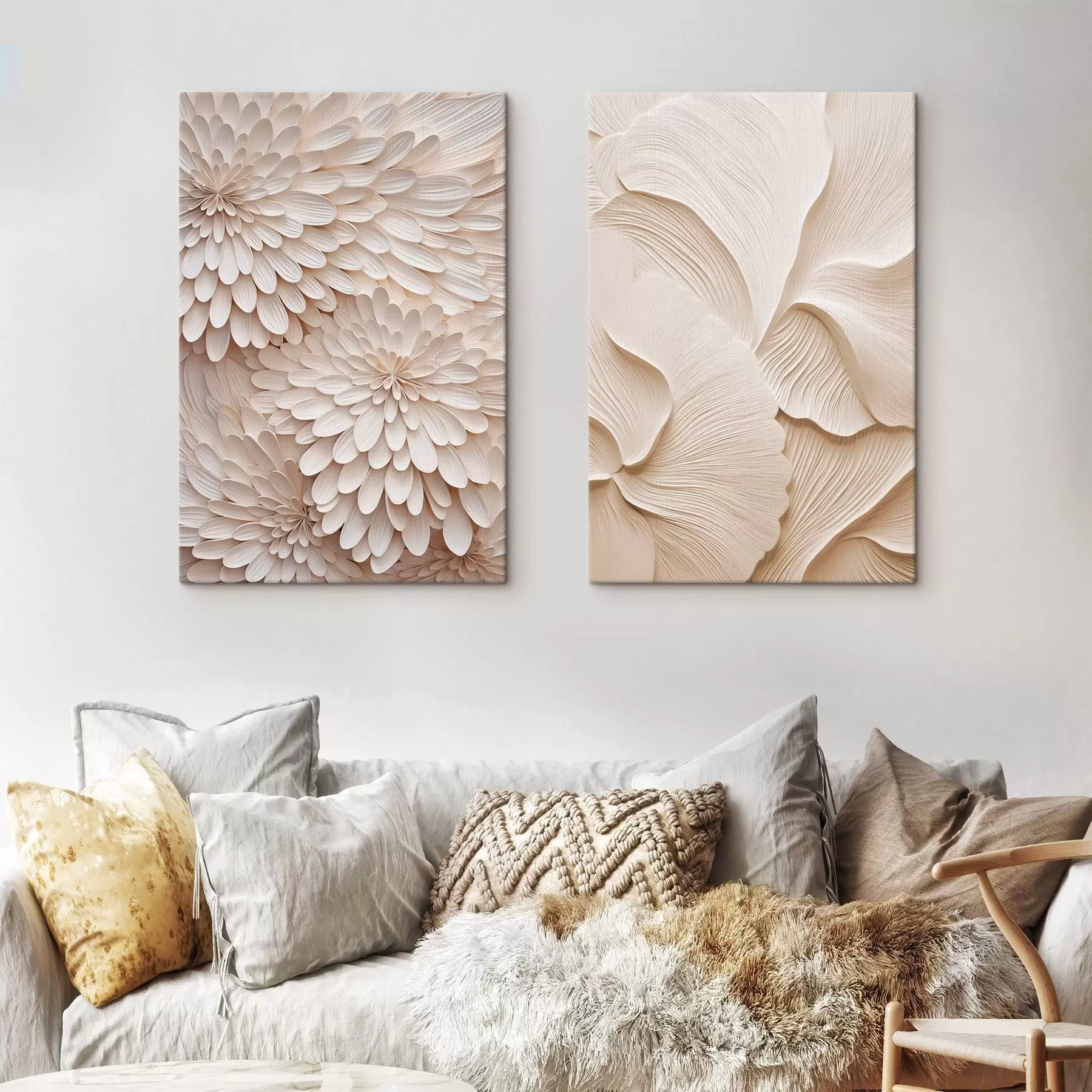 Wandbilder Mehrschichtige, cremefarbene Blütenblätter, die abstrakte Blumenformen bilden – strukturierte Kunst m30680