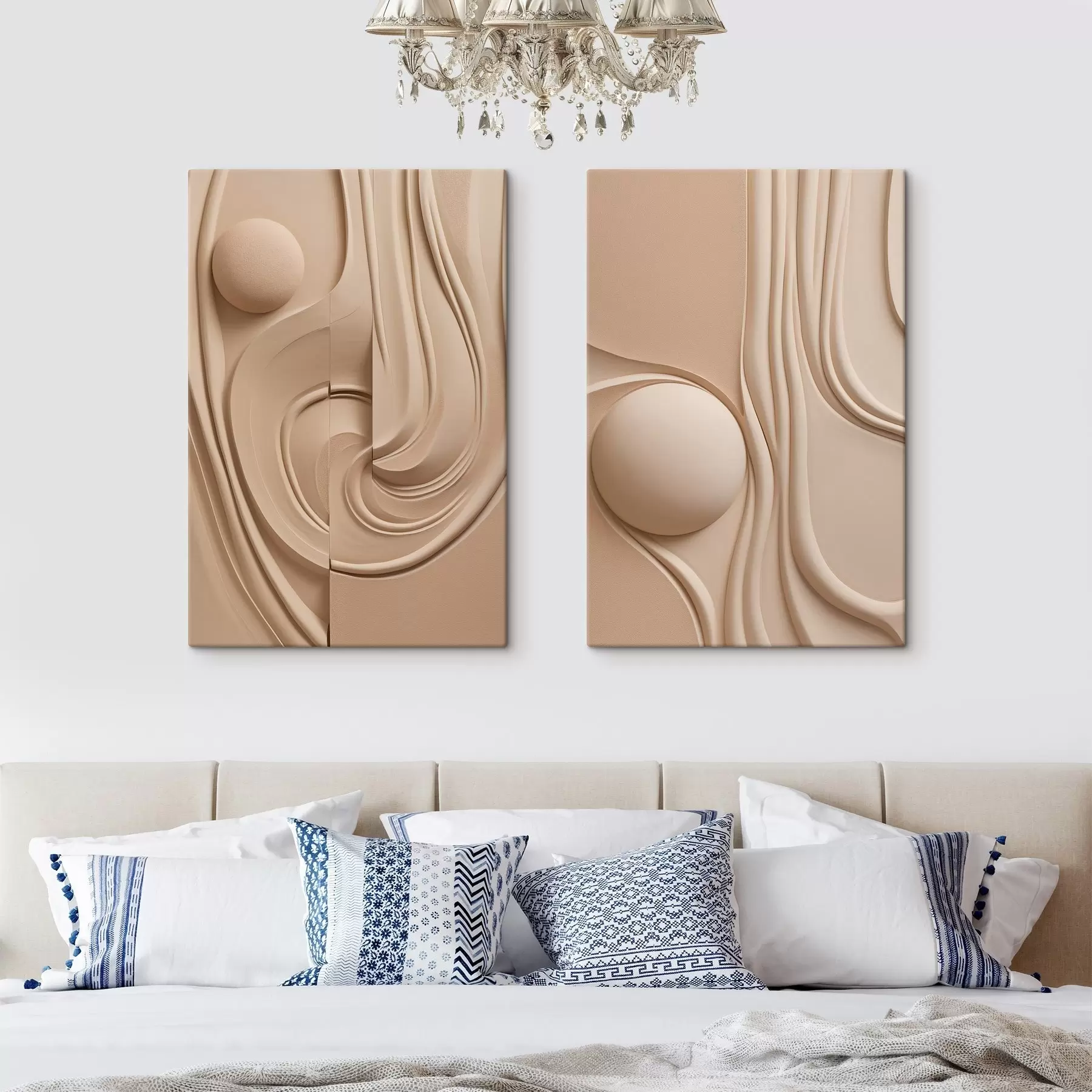 Wandbilder Ein abstraktes, strukturiertes Kunstwerk in Beige mit fließenden Linien und einer Kugel m30683
