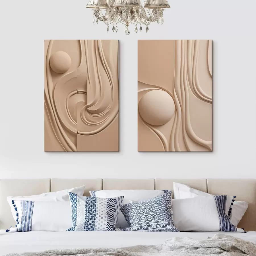 Wandbilder Ein abstraktes, strukturiertes Kunstwerk in Beige mit fließenden Linien und einer Kugel m30683
