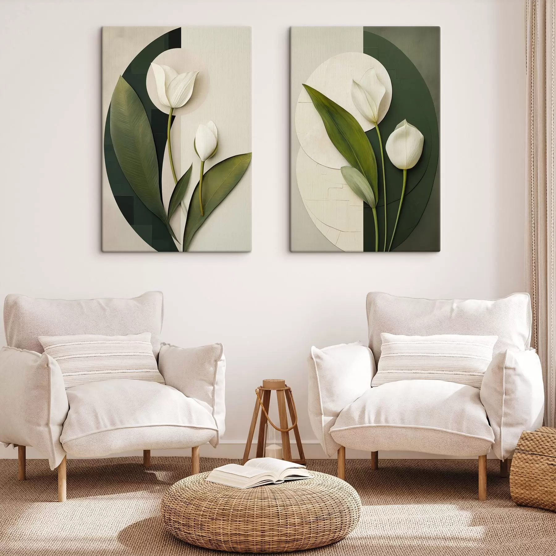 Wandbilder Weiße Tulpen mit grünen Blättern und Stielen, abstrakte Kunst m30685