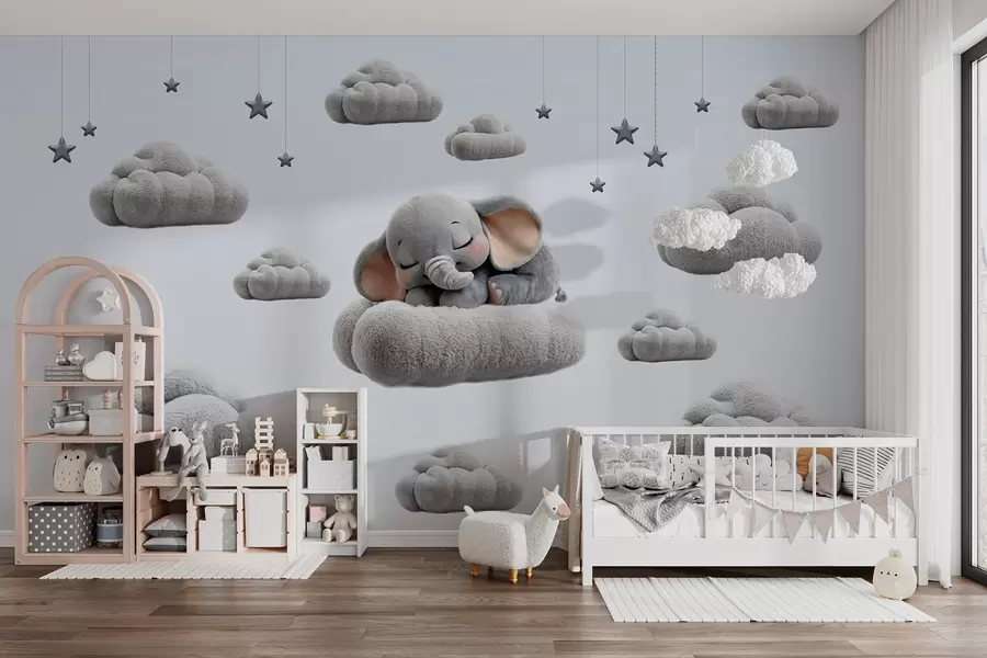 Fototapete ein süßer kleiner Elefant im 3D-Stil, der zwischen flauschigen Wolken schläft w05754