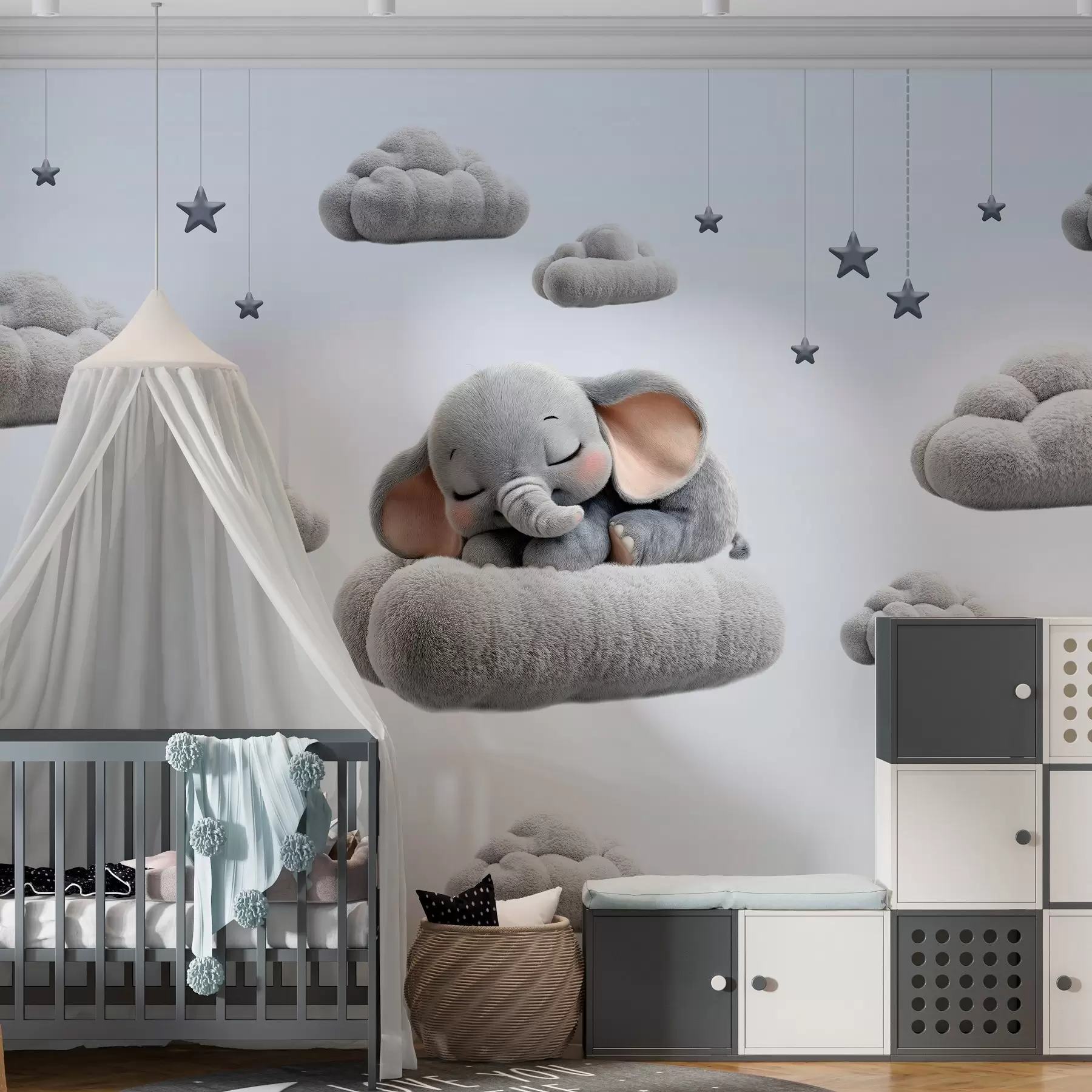 Fototapete ein süßer kleiner Elefant im 3D-Stil, der zwischen flauschigen Wolken schläft w05754