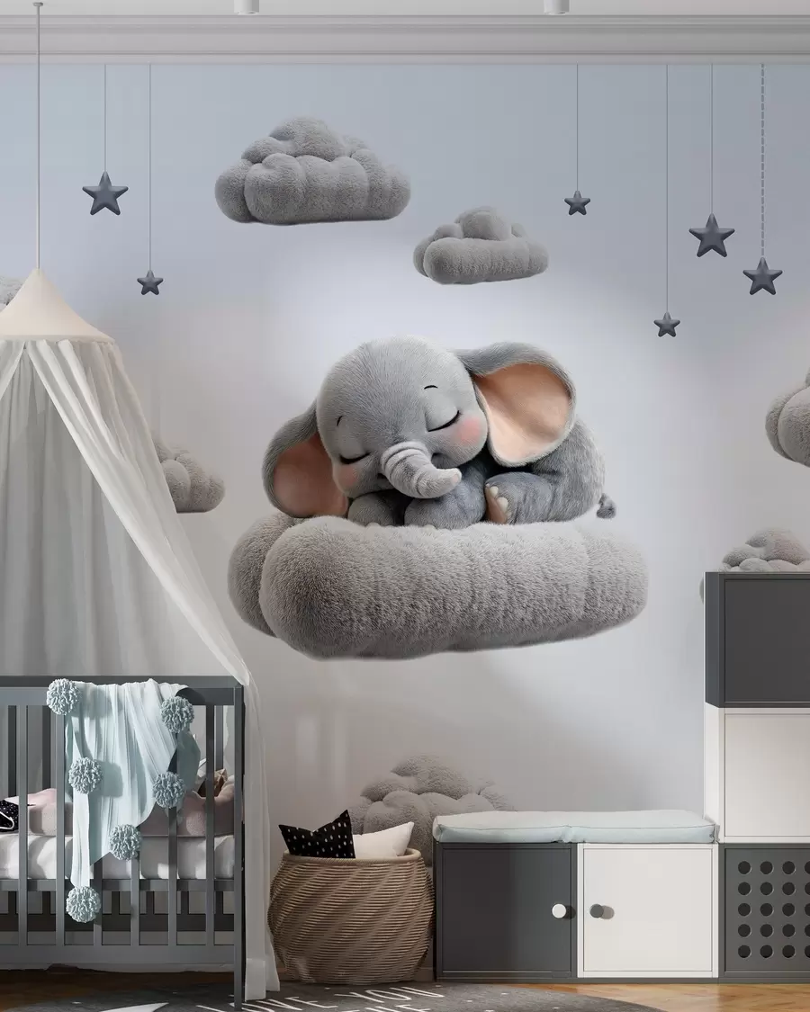 Fototapete ein süßer kleiner Elefant im 3D-Stil, der zwischen flauschigen Wolken schläft w05754
