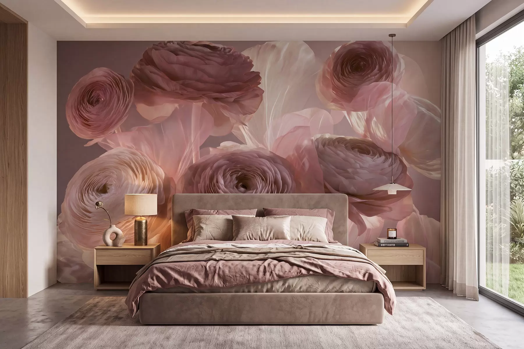 Fototapete Große, kunstvoll gestaltete Ranunkelblüten in zarten Rosa- und Cremetönen w09921