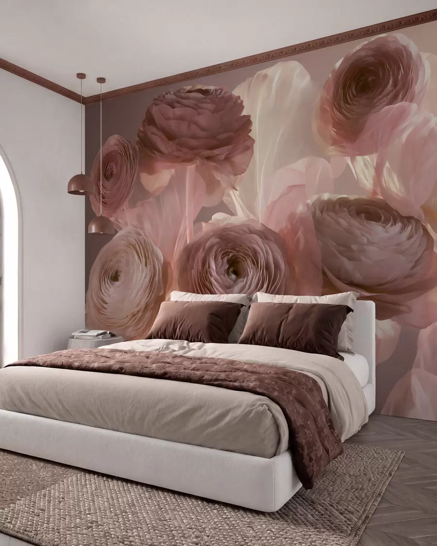 Fototapete Große, kunstvoll gestaltete Ranunkelblüten in zarten Rosa- und Cremetönen w09921