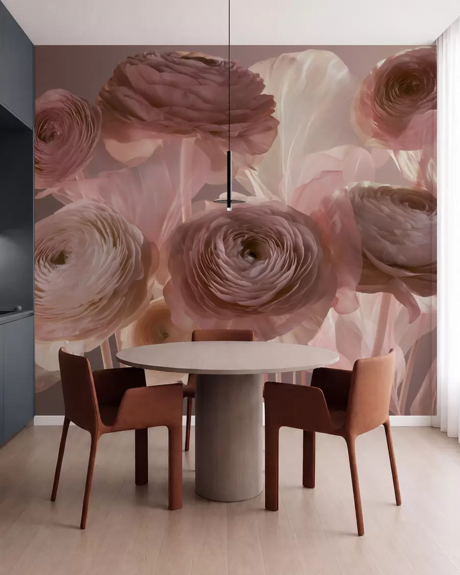 Fototapete Große, kunstvoll gestaltete Ranunkelblüten in zarten Rosa- und Cremetönen w09921