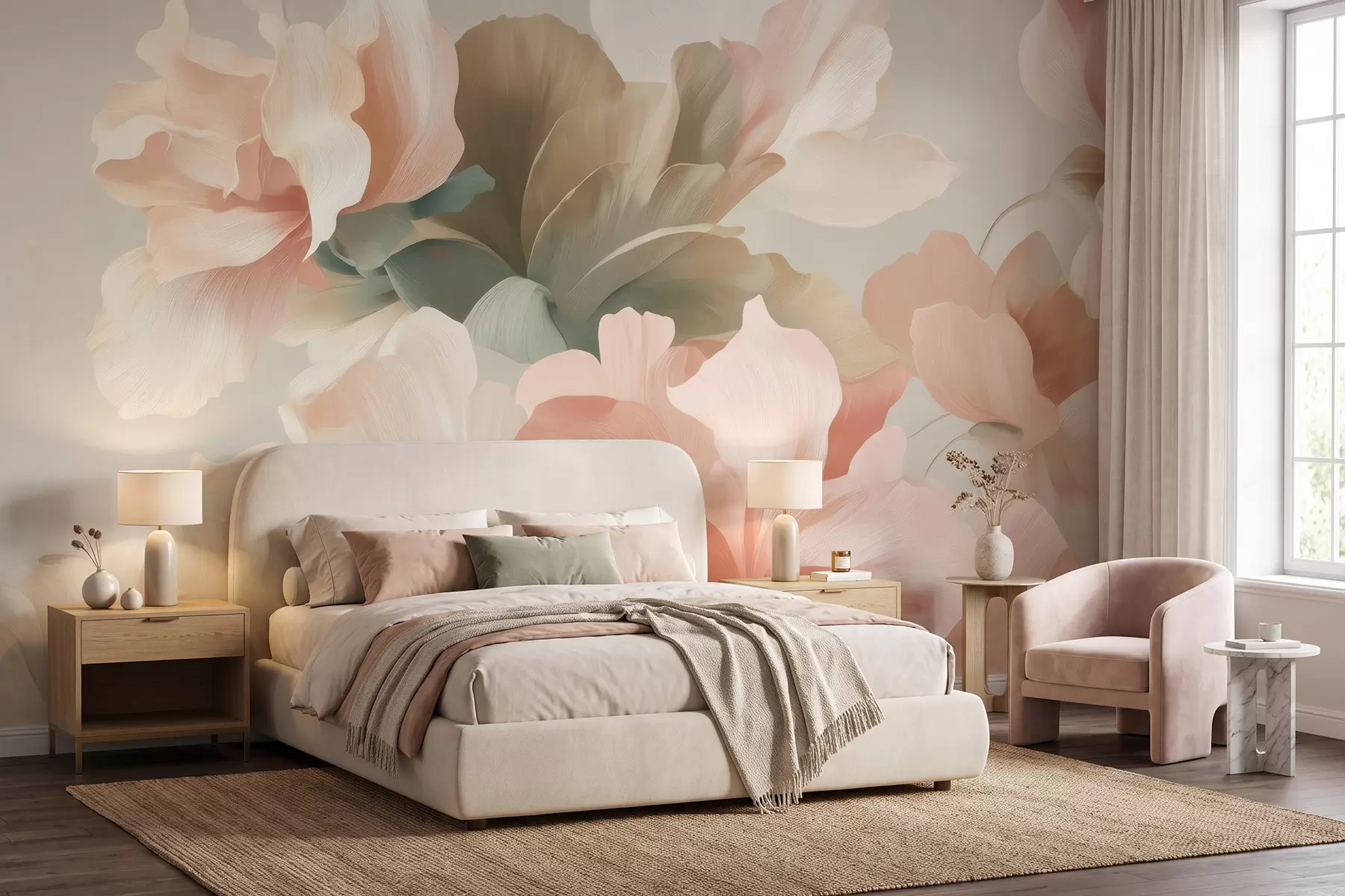 Fototapete Große, kunstvoll gestaltete Blumen in sanften Pastelltönen wie Creme, Rosa und Grün w09935