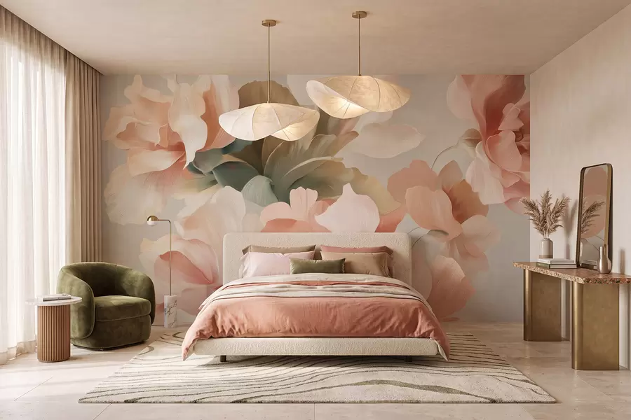 Fototapete Große, kunstvoll gestaltete Blumen in sanften Pastelltönen wie Creme, Rosa und Grün w09935