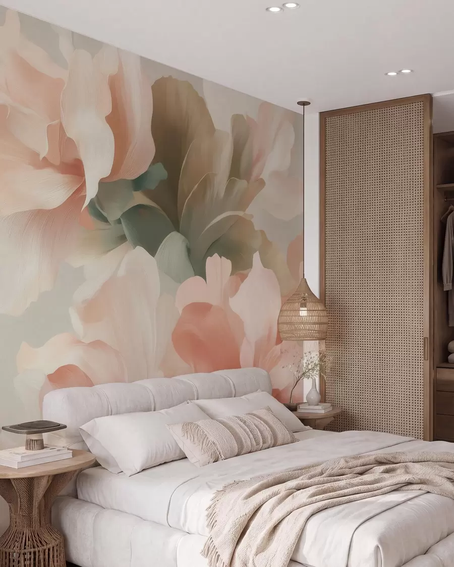 Fototapete Große, kunstvoll gestaltete Blumen in sanften Pastelltönen wie Creme, Rosa und Grün w09935