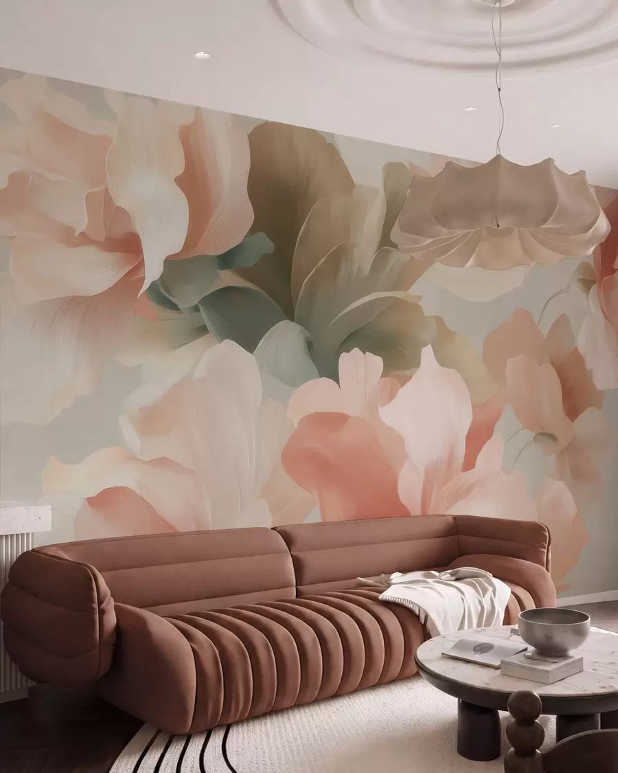Fototapete Große, kunstvoll gestaltete Blumen in sanften Pastelltönen wie Creme, Rosa und Grün w09935