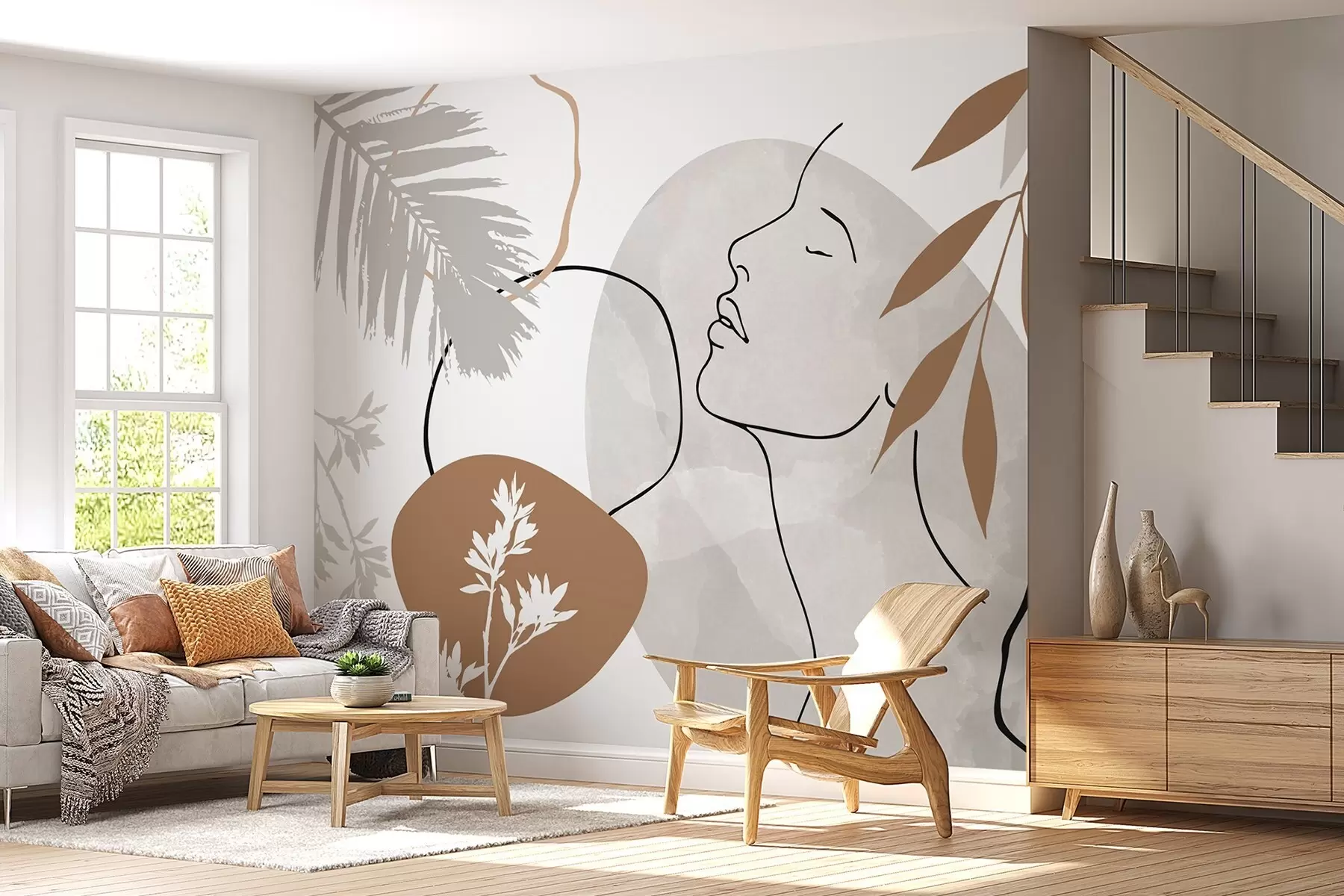 Fototapete Abstraktion mit Vegetation und der Silhouette eines Gesichts w05776