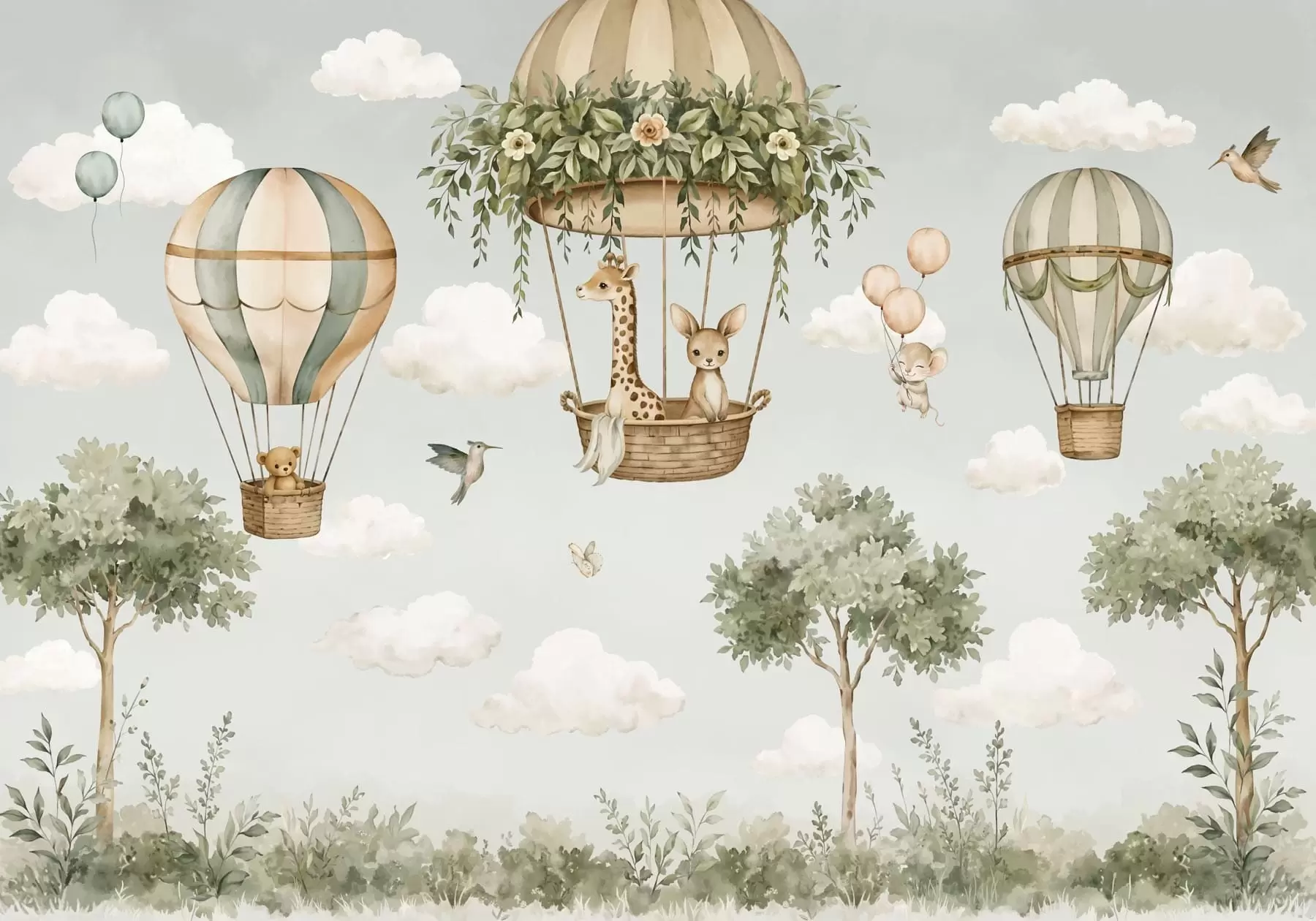 Fototapete Heißluftballons mit einer Giraffe, einem Känguru, einem Bären und anderen Tieren zwischen Wolken und Bäumen w05738