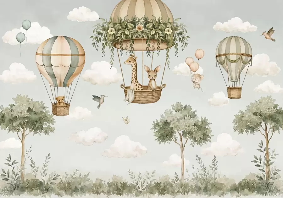 Fototapete Heißluftballons mit einer Giraffe, einem Känguru, einem Bären und anderen Tieren zwischen Wolken und Bäumen w05738