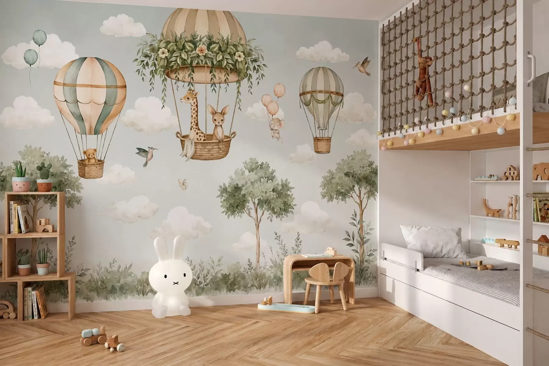 Fototapete Heißluftballons mit einer Giraffe, einem Känguru, einem Bären und anderen Tieren zwischen Wolken und Bäumen w05738