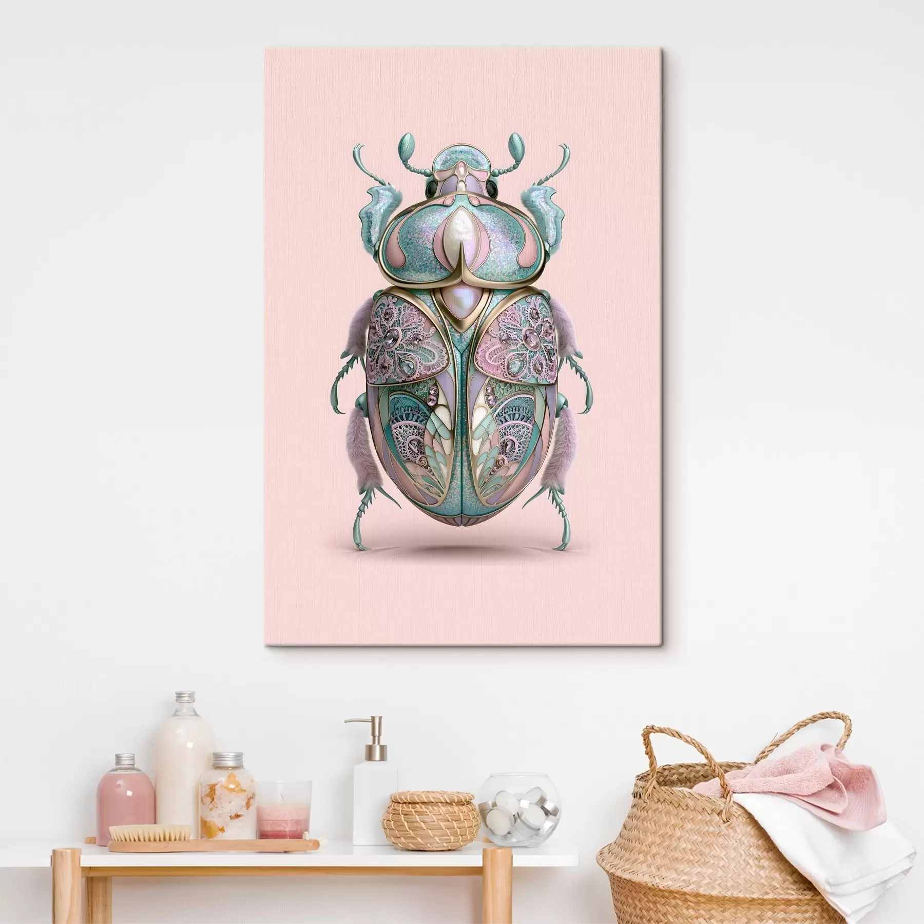 Wandbilder Ein Käfer, der so gestaltet ist, dass er vor einem rosa Hintergrund wie kostbarer Schmuck aussieht s49863