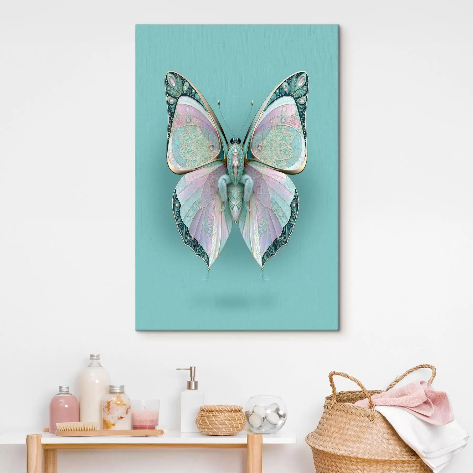 Wandbilder Ein Schmetterling im Stil von edlem Schmuck vor türkisfarbenem Hintergrund s49864