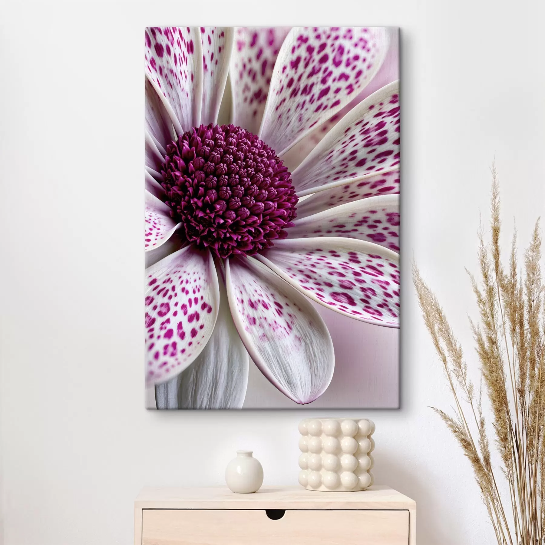 Wandbilder Nahaufnahme einer gänseblümchenähnlichen Blume mit leuchtend magentafarbenen Leopardenflecken s49865