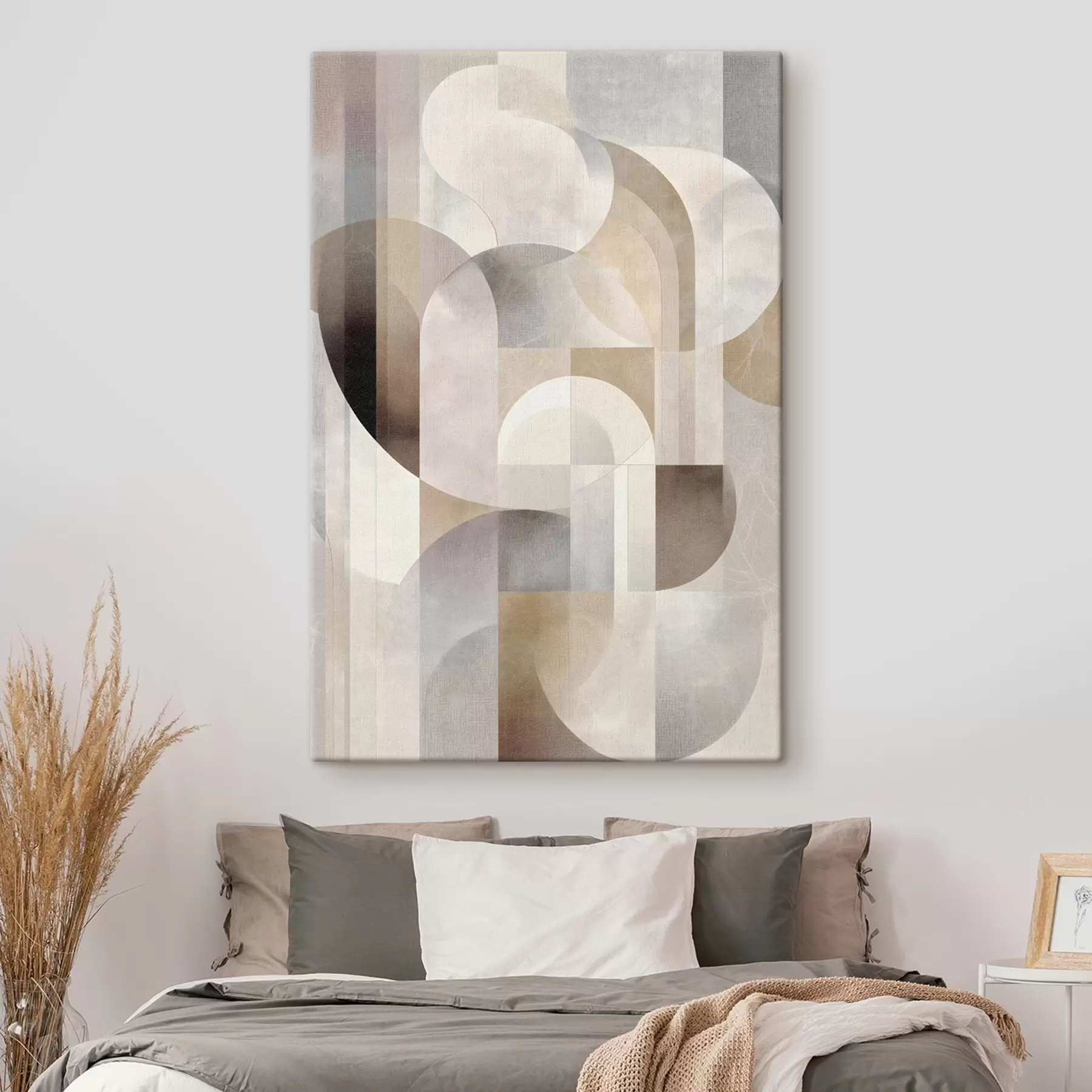 Wandbilder Eine minimalistische, geometrische, abstrakte Komposition in sanften Beige-, Creme-, Graubraun- und Graubeige-Tönen s49876
