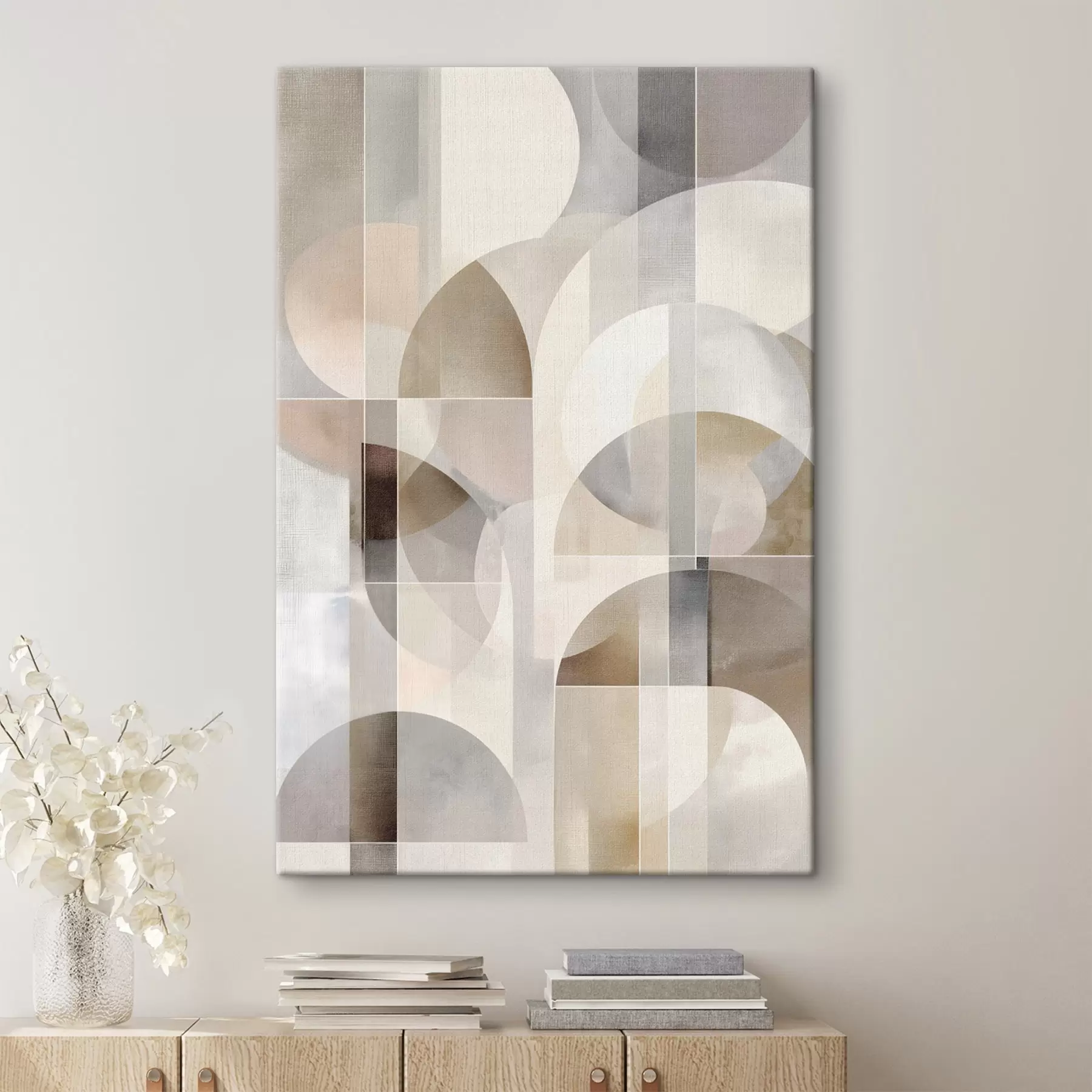 Wandbilder Eine minimalistische, geometrische, abstrakte Komposition in sanften Beige-, Creme-, Graubraun- und Graubeige-Tönen s49877