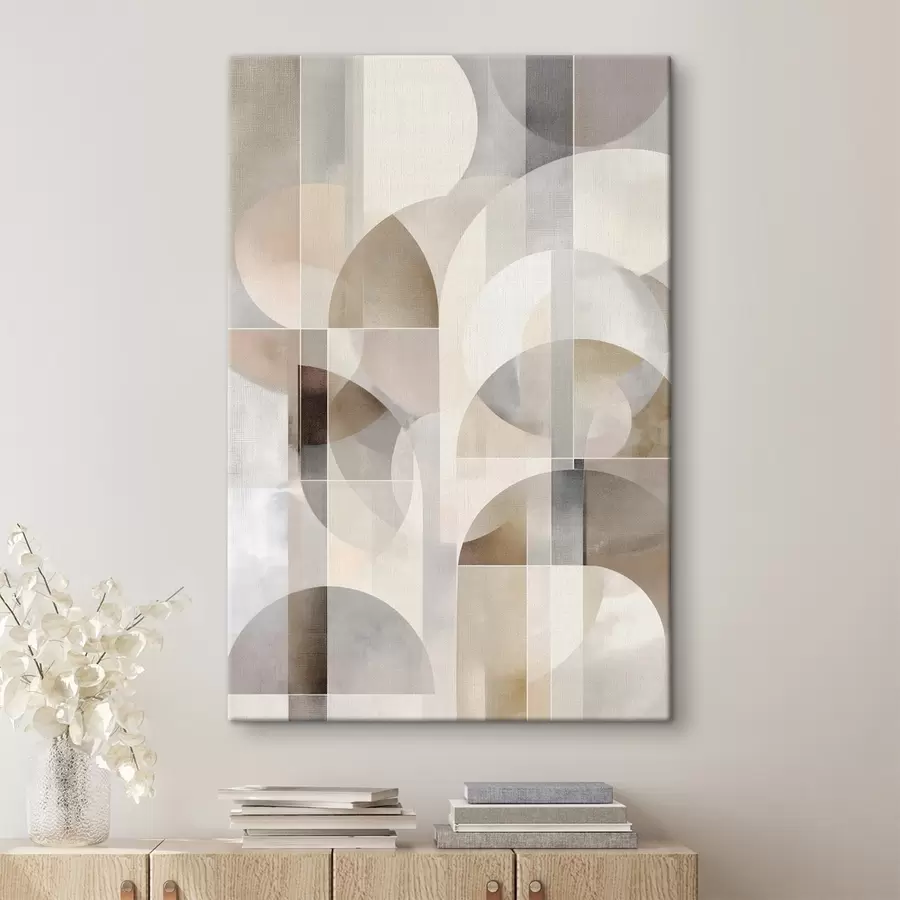 Wandbilder Eine minimalistische, geometrische, abstrakte Komposition in sanften Beige-, Creme-, Graubraun- und Graubeige-Tönen s49877