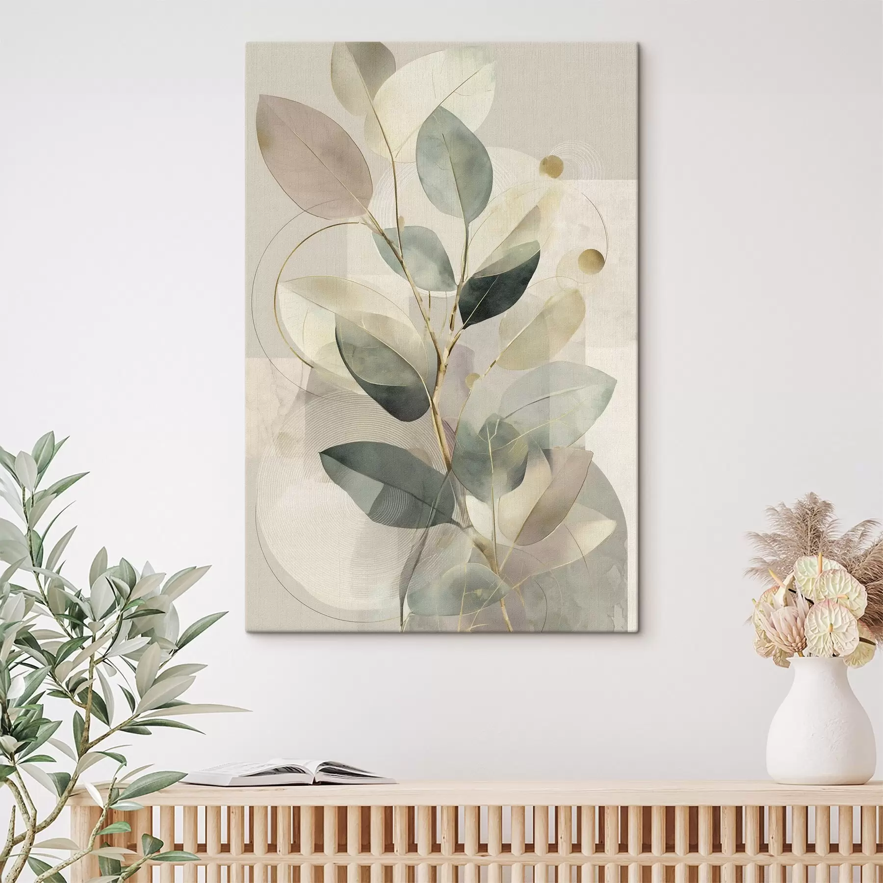 Wandbilder Minimalistisches, abstraktes Kunstwerk mit botanischen Motiven: ein eleganter Olivenzweig mit zarten, salbeigrünen und warmbeigen Blättern s49878
