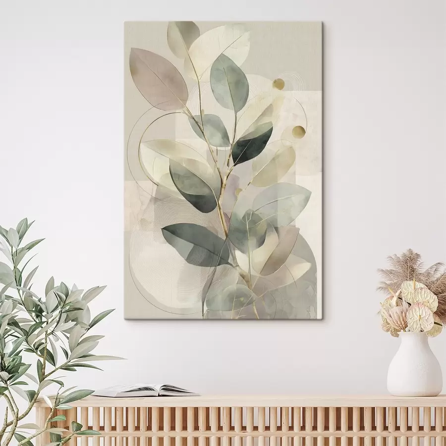 Wandbilder Minimalistisches, abstraktes Kunstwerk mit botanischen Motiven: ein eleganter Olivenzweig mit zarten, salbeigrünen und warmbeigen Blättern s49878
