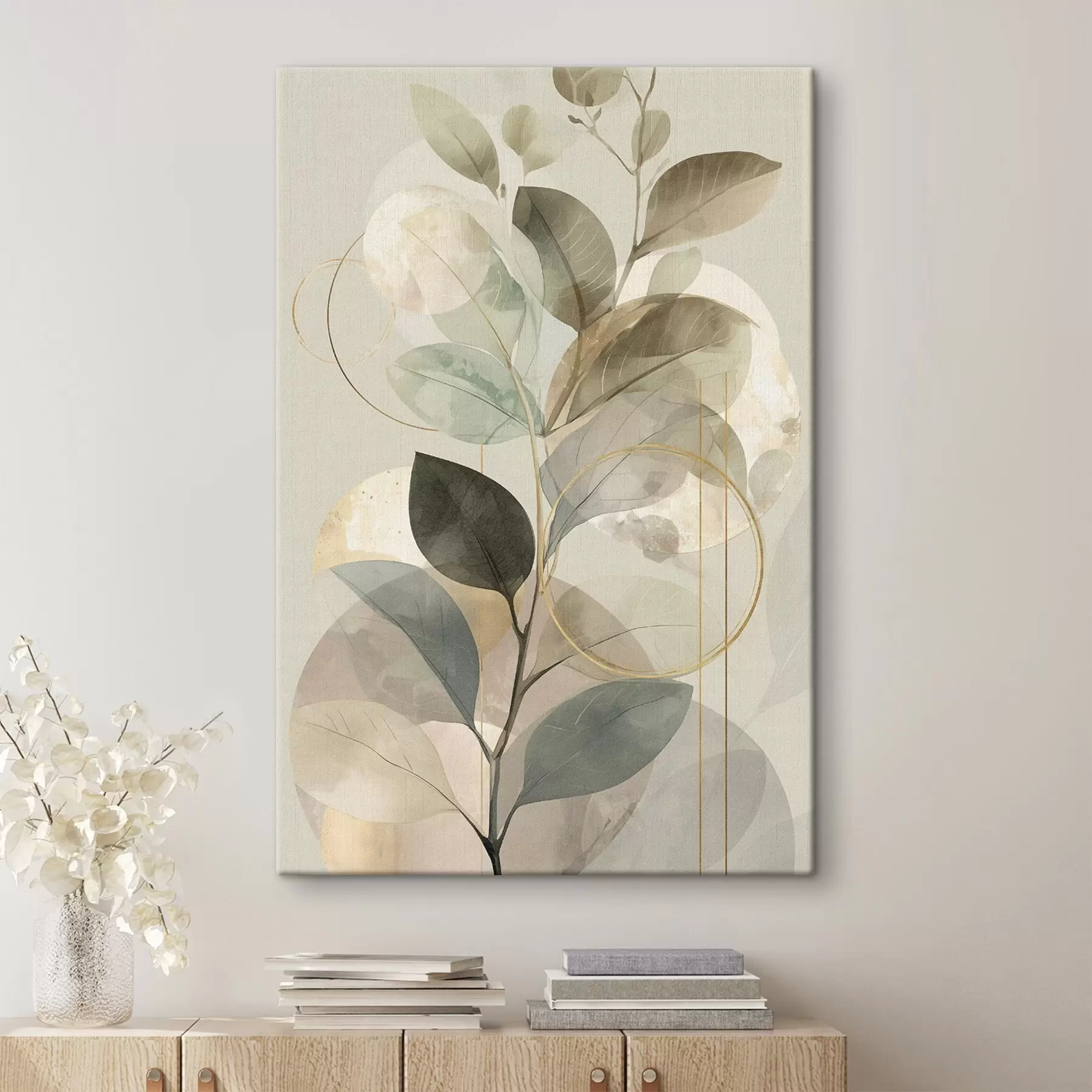 Wandbilder Minimalistisches, abstraktes Kunstwerk mit botanischen Motiven: ein eleganter Olivenzweig mit zarten, salbeigrünen und warmbeigen Blättern s49879