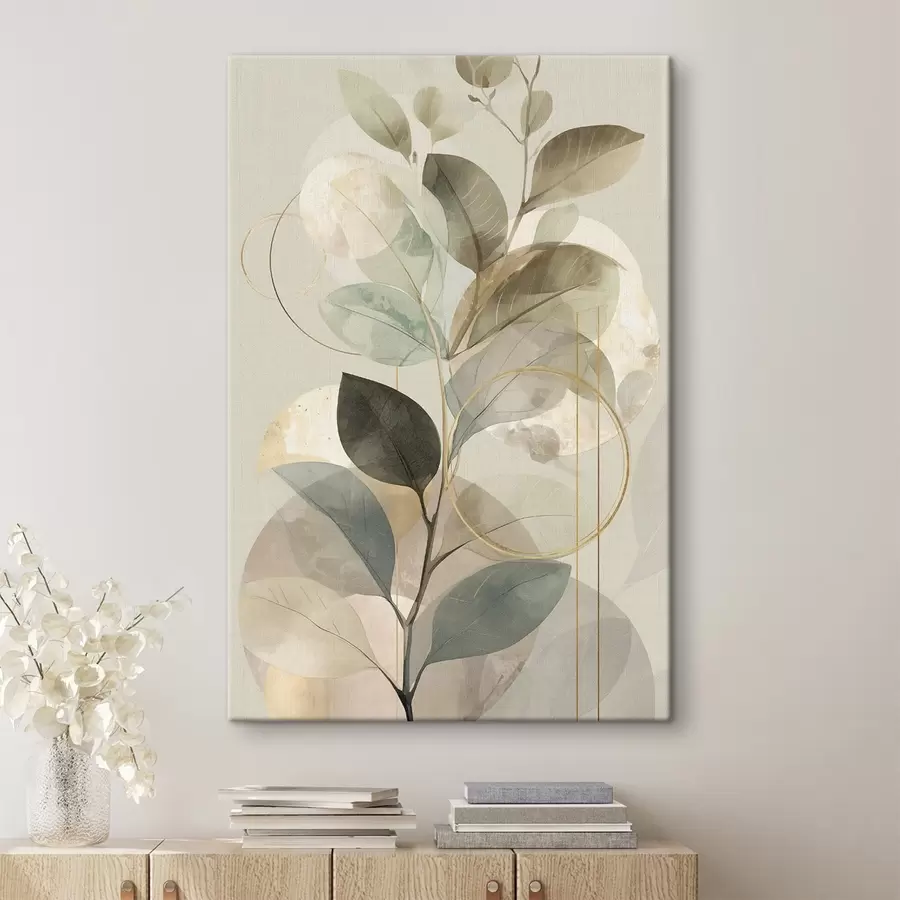 Wandbilder Minimalistisches, abstraktes Kunstwerk mit botanischen Motiven: ein eleganter Olivenzweig mit zarten, salbeigrünen und warmbeigen Blättern s49879