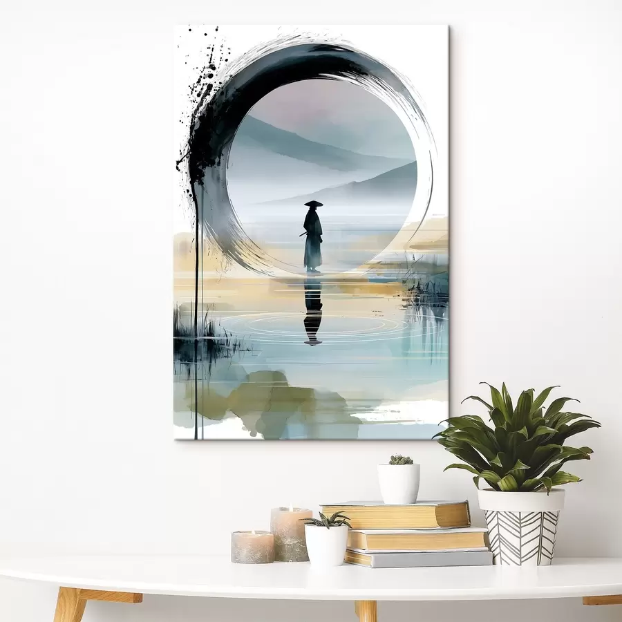 Wandbilder Eine zeitgenössische Zen-Illustration mit einem Samurai, einem Enso-Kreis, einer Aquarelllandschaft und einem Spiegelbild s49880