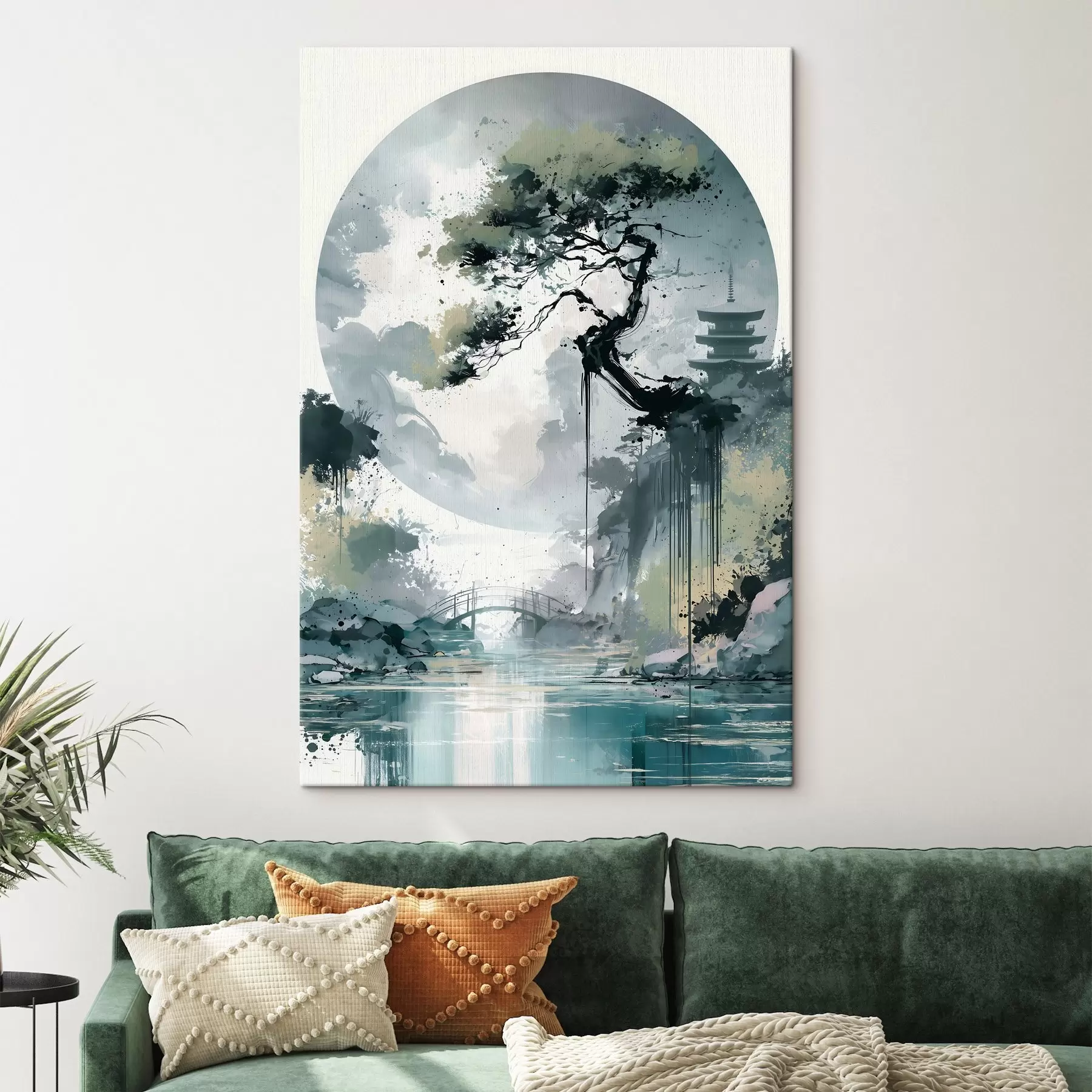 Wandbilder Eine Landschaft im japanischen Sumi-e-Stil mit einer schlanken Kiefer, einer Brücke und einer Pagode vor dem Hintergrund ruhiger Gewässer s49881